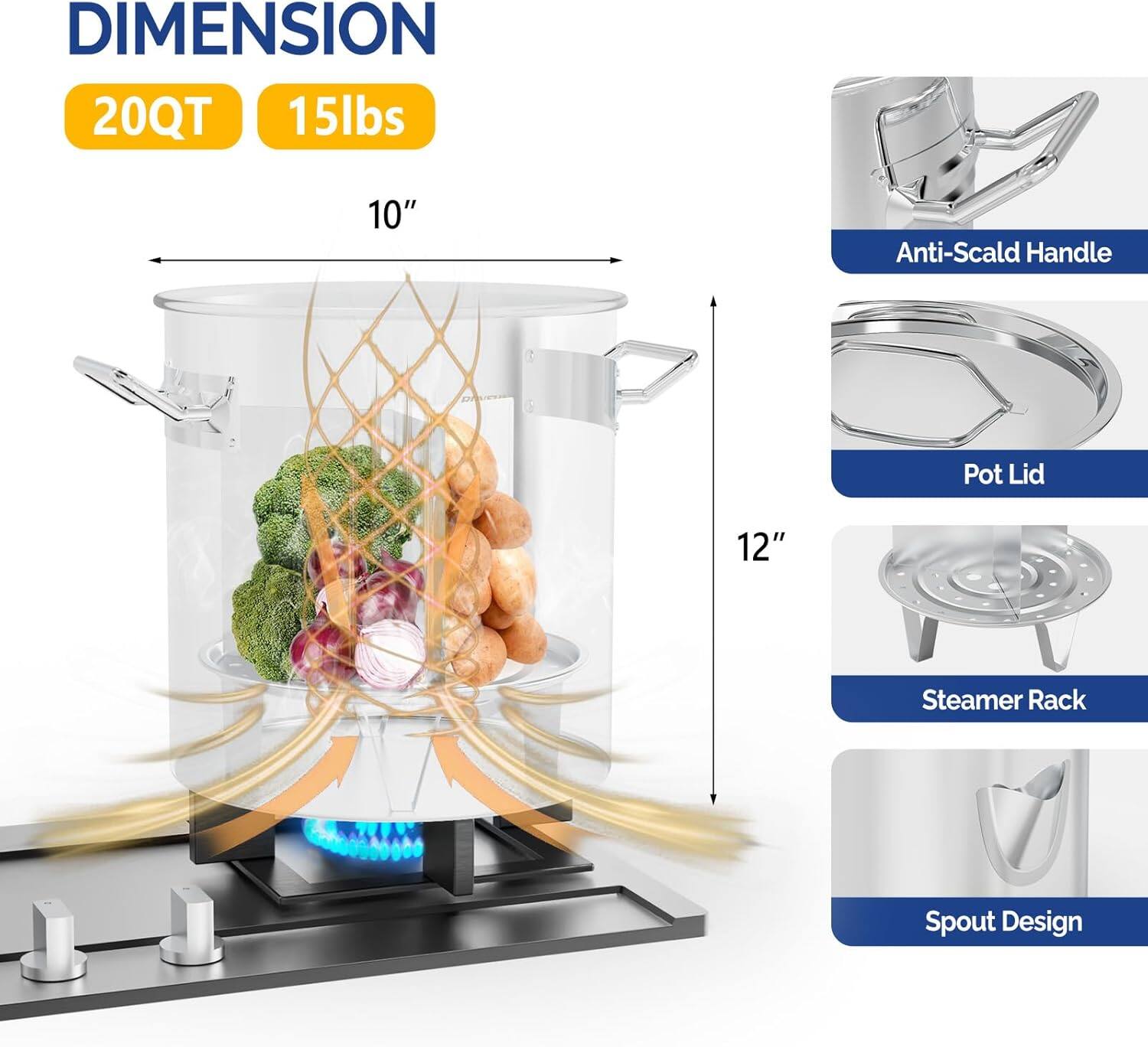 DIMENSION  
20QT 15lbs  

10"  
12"  

Anti-Scald Handle  
Pot Lid  
Steamer Rack  
Spout Design