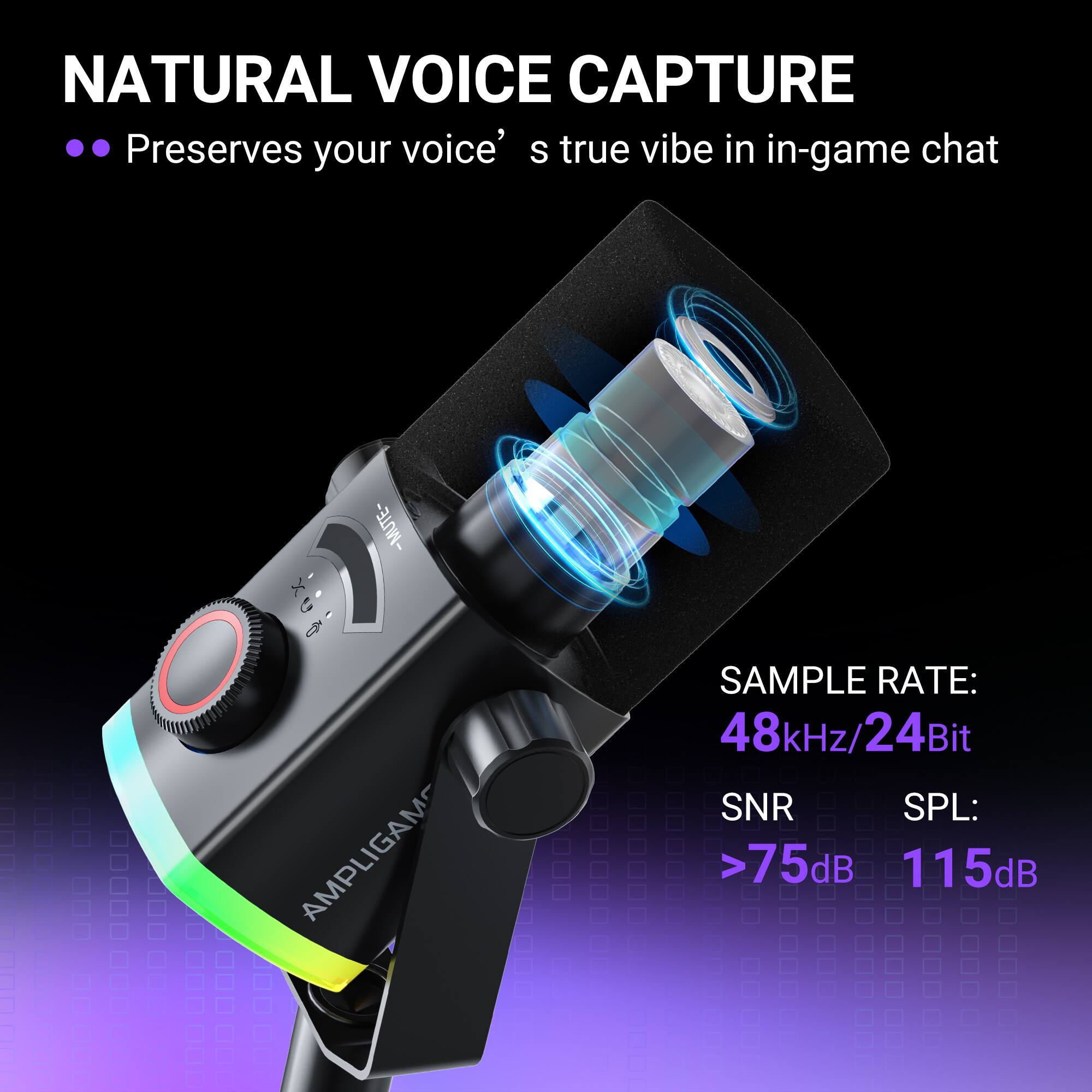 NATURAL VOICE CAPTURE  
Preserves your voice' s true vibe in in-game chat  

SAMPLE RATE:  
48kHz/24Bit  

SNR SPL:  
>75dB 115dB
