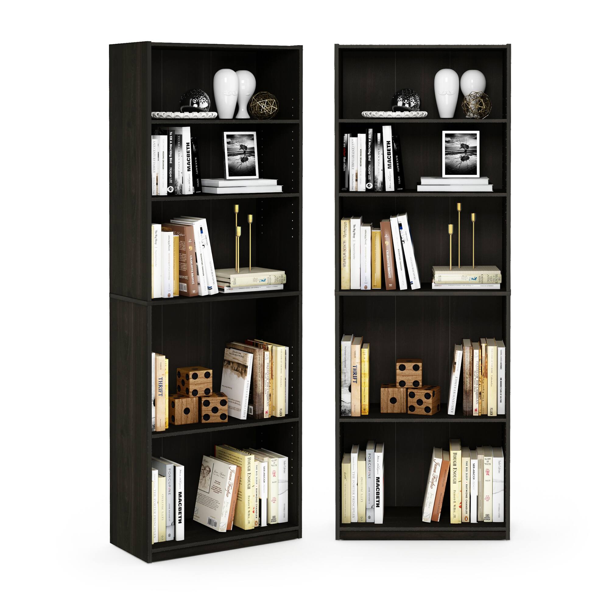 Furinno - JAYA Book Shelf Set of 2, 5-Tier Bookshelf, Bookcase, with Adjustable Shelf, for Home Office, Living Room - Espresso