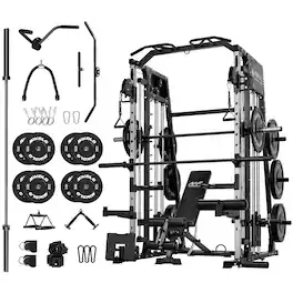 Mikolo - Smith Machine with Aluminum Pulley, 2200 lbs Power Rack Cage with Cable Crossover, Total Body Strength Training Cage - Black