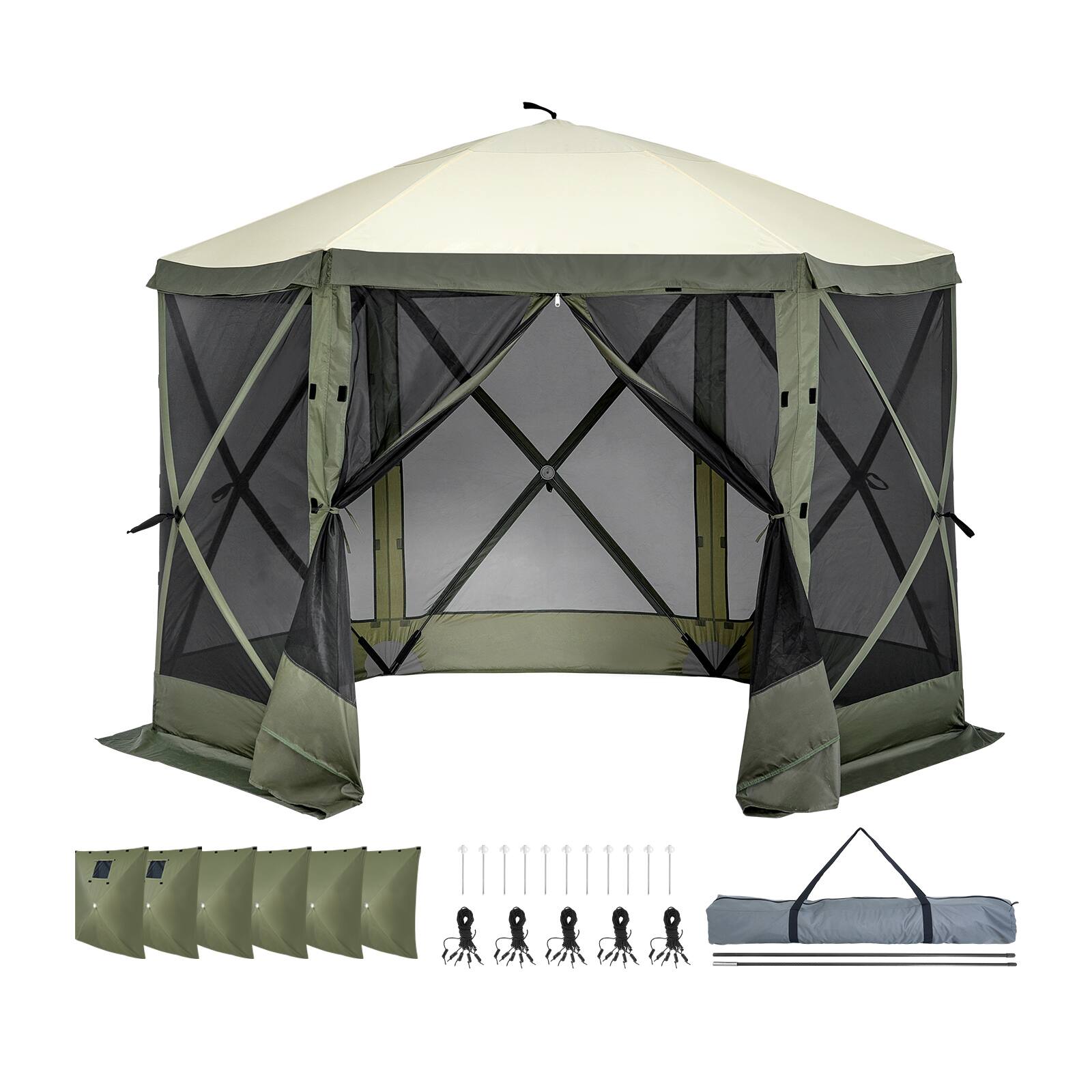 Front. VEVOR - Pop Up Gazebo Tent, Pop-Up Screen Tent 6 Sided Canopy Sun Shelter with 6 Removable Privacy Wind Cloths & Mesh Windows - Green.