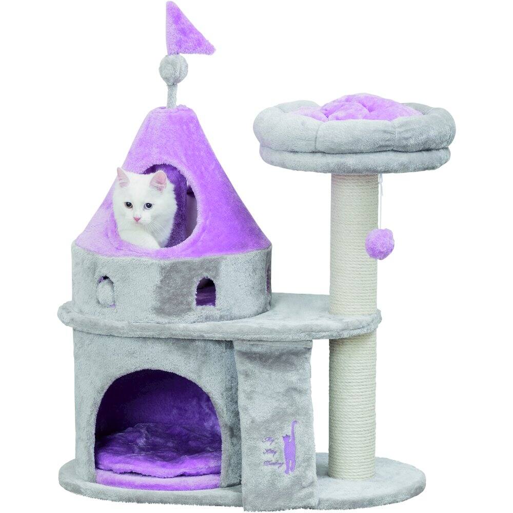 Angle. TRIXIE - My Kitty Castle Plush Cat Tree, Sisal Scratching Posts, Rustling Fabric - Gray.