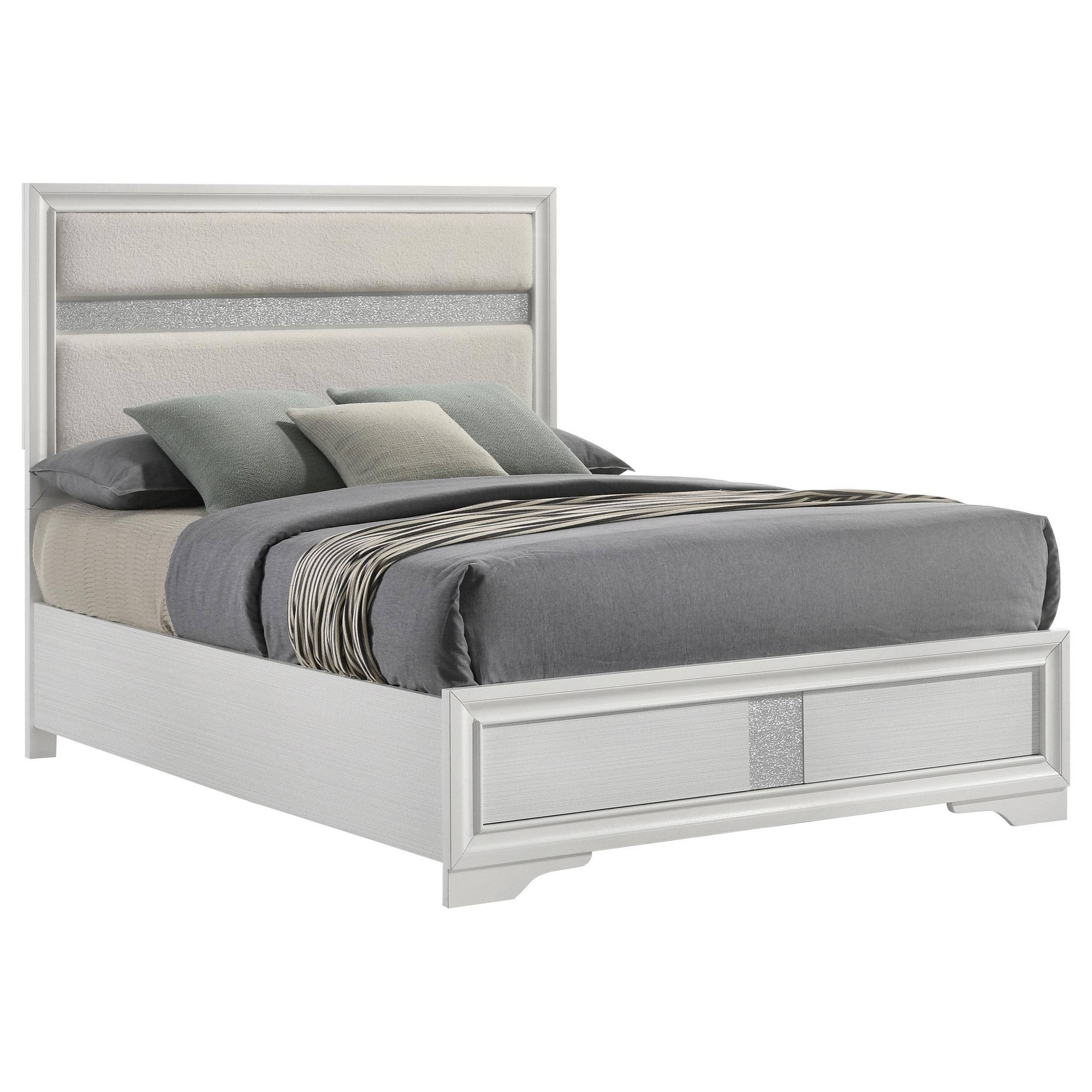 Left. Manhattan Lane - Vino Full Size Bed, Panel Headboard, White Upholstery, Glitter Stripes - White.