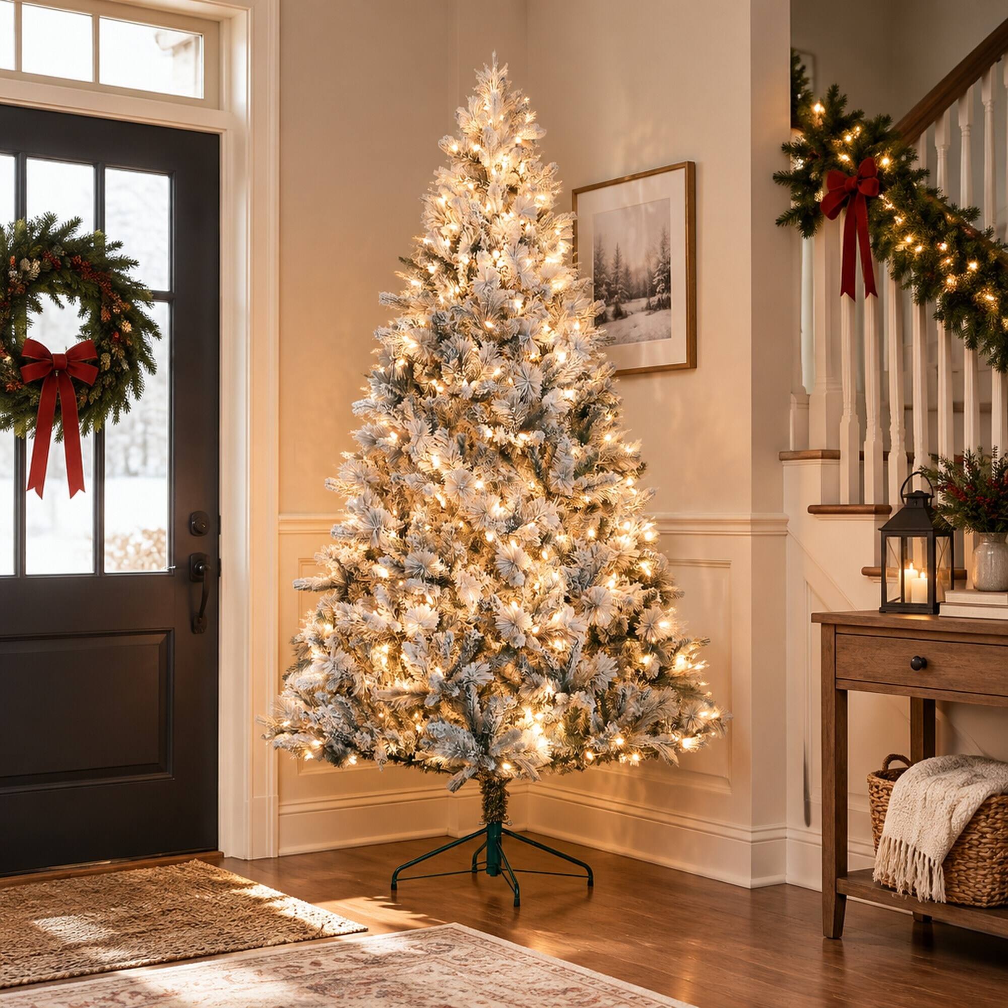 Alt View 1. RYHNUYNE - 7.5 Ft Snow Flocked Artificial Christmas Tree With 500 Clear Lights, 1530 Tips Hinged Metal Stand Holiday Decor - Green.