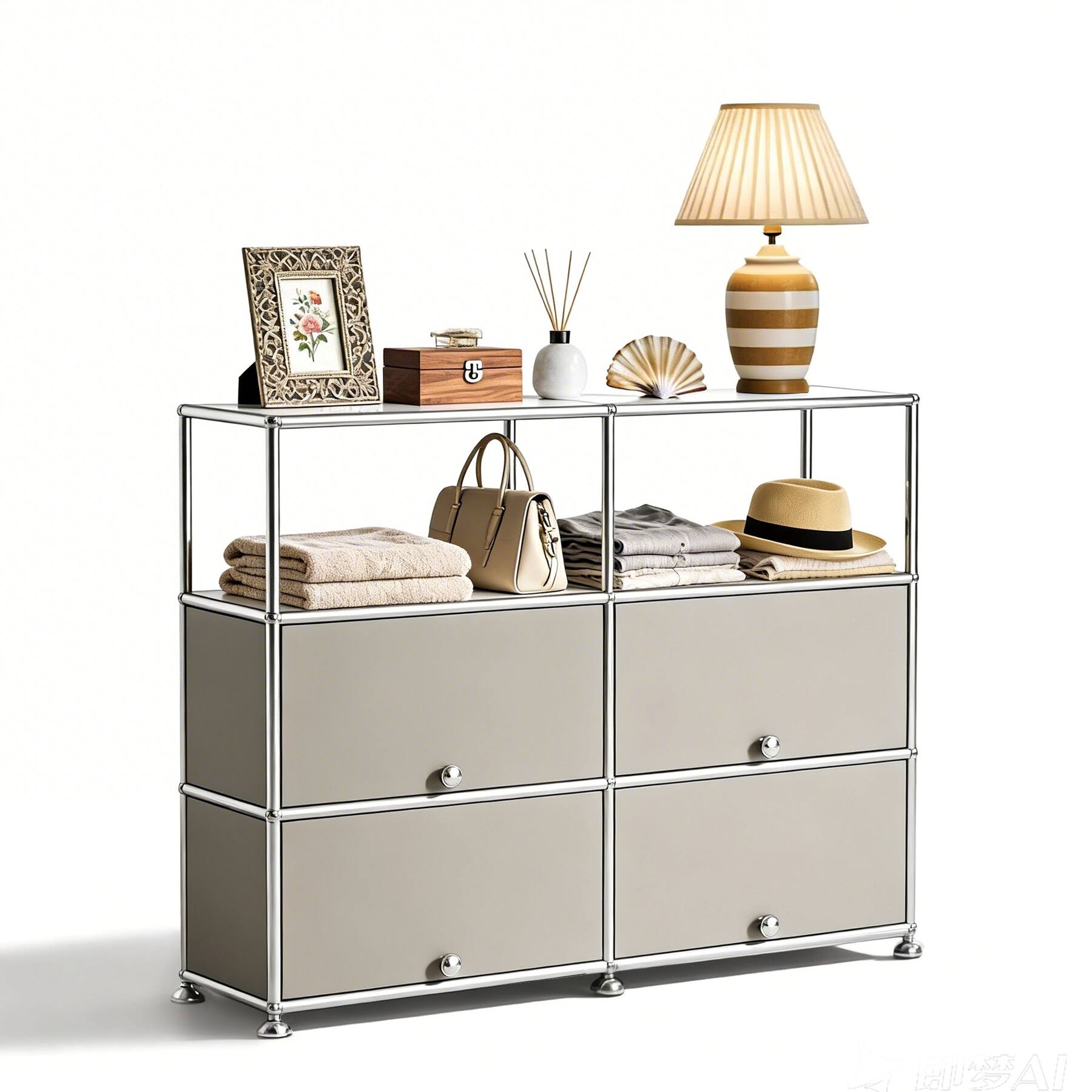 Malletson - Storage Cabinet with Double Drawers and Metal Frame, Multi-Purpose Home Organizer for Entryway, Living Room or Bedroom - Gray