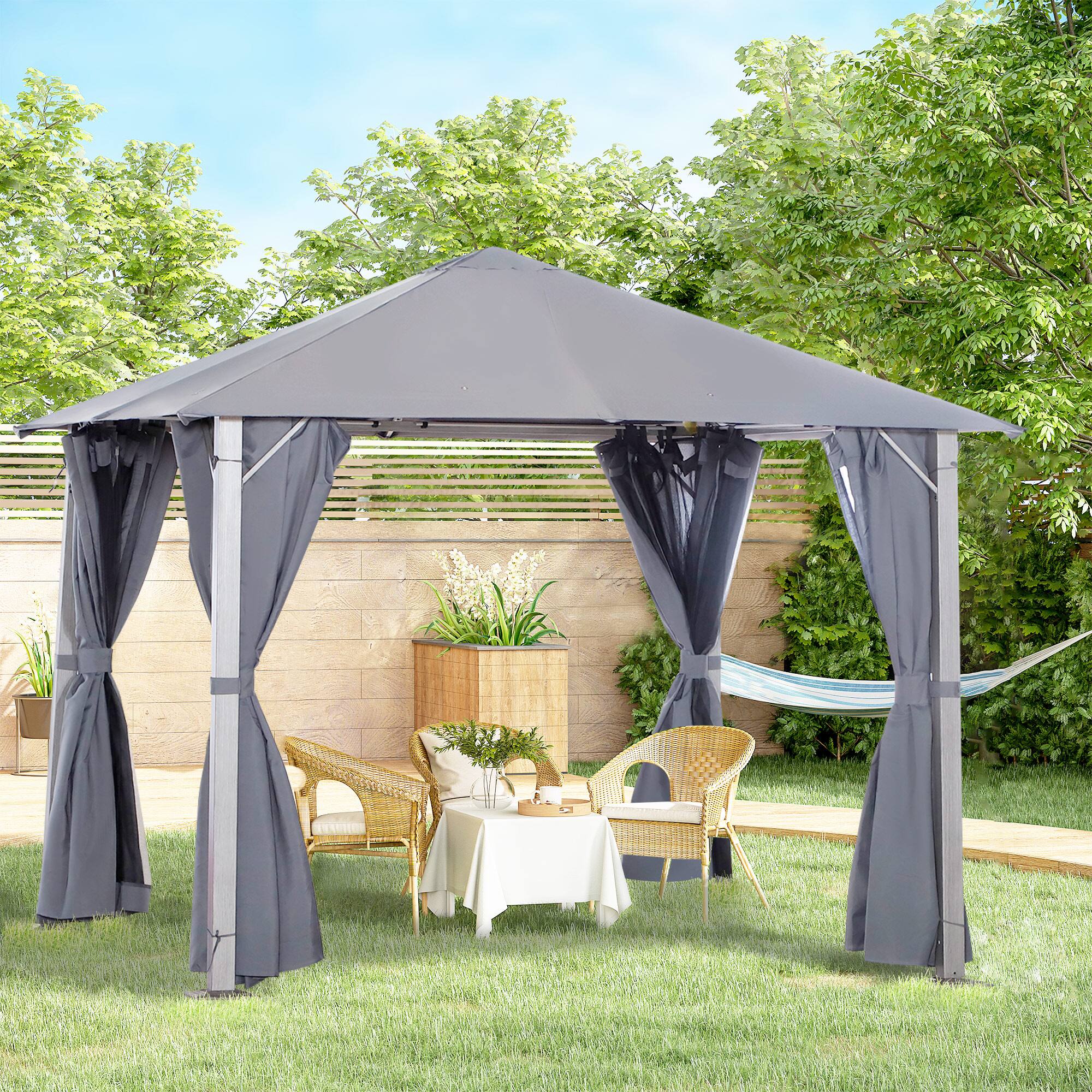 Alt View 3. Outsunny - 10' x 10' Patio Gazebo, Outdoor Gazebo Canopy Shelter with Netting & Curtains, Vented Roof, for Garden - Dark Grey.