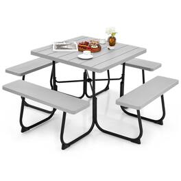 Costway - Outdoor 8-person Square Picnic Table Bench Set with 4 Benches & Umbrella Hole - Gray