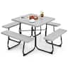 Costway - Outdoor 8-person Square Picnic Table Bench Set with 4 Benches & Umbrella Hole - Gray
