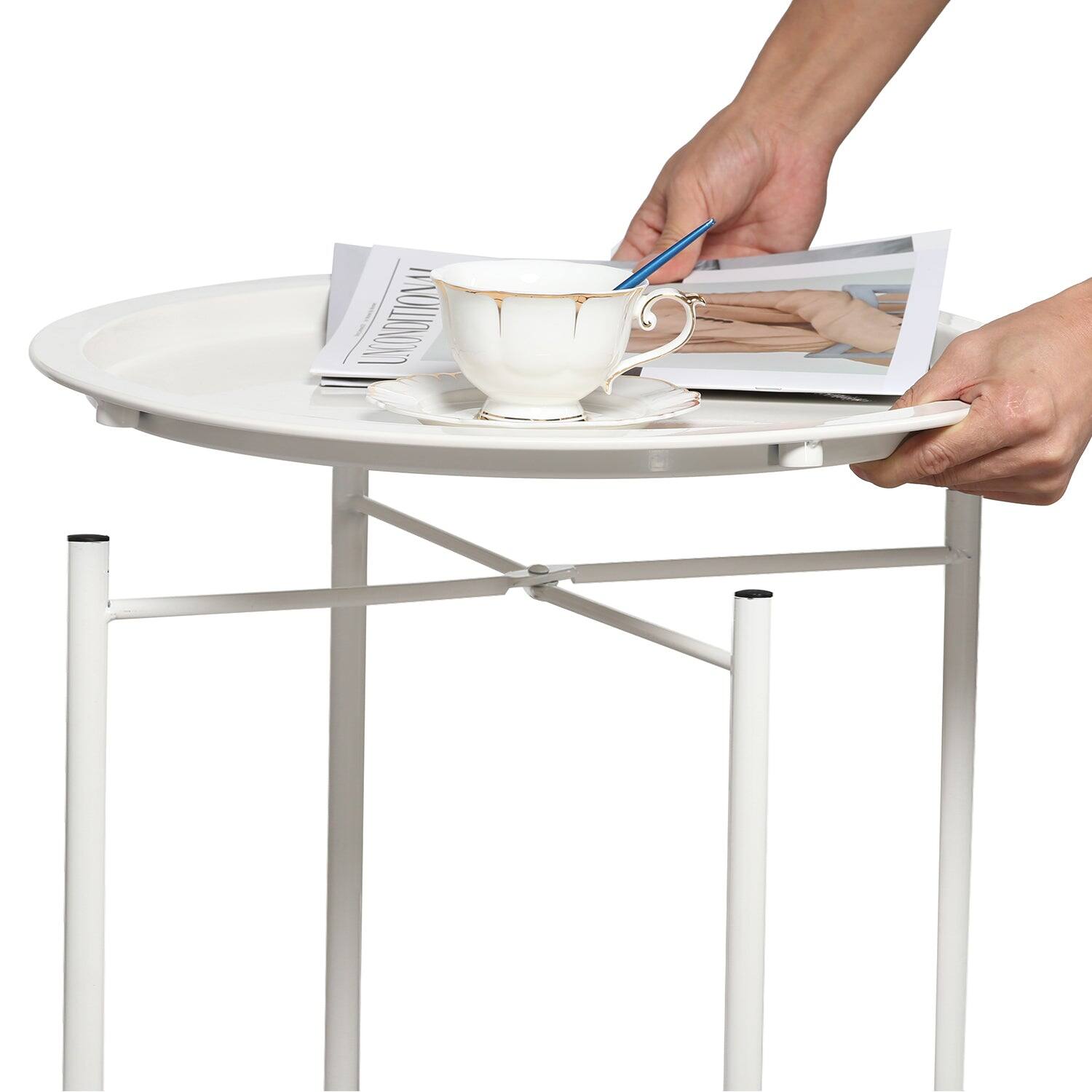 Alt View 1. Vecelo - Set of 2 Foldable Metal Side Table with Removable Tray, Round Indoor Outdoor End Table for Living Room or Patio - Grey.