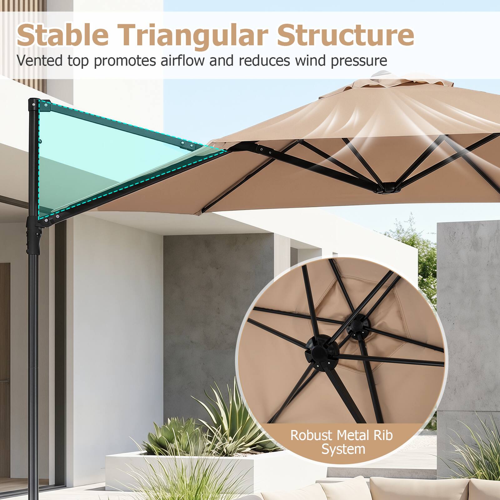 Stable Triangular Structure  
Vented top promotes airflow and reduces wind pressure  

Robust Metal Rib System