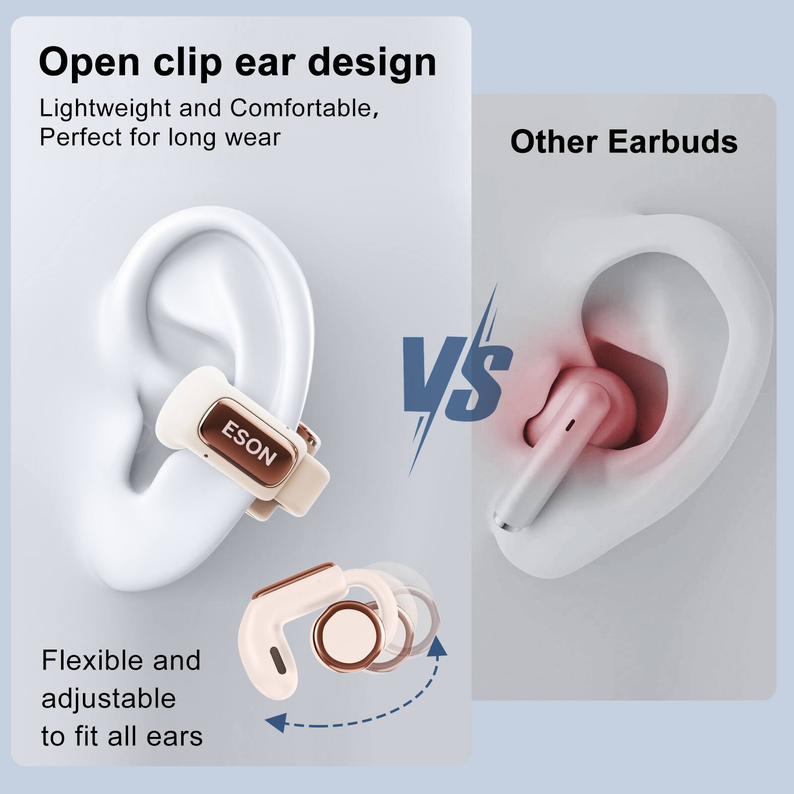 Open clip ear design  
Lightweight and Comfortable, Perfect for long wear  

Other Earbuds  

Flexible and adjustable to fit all ears