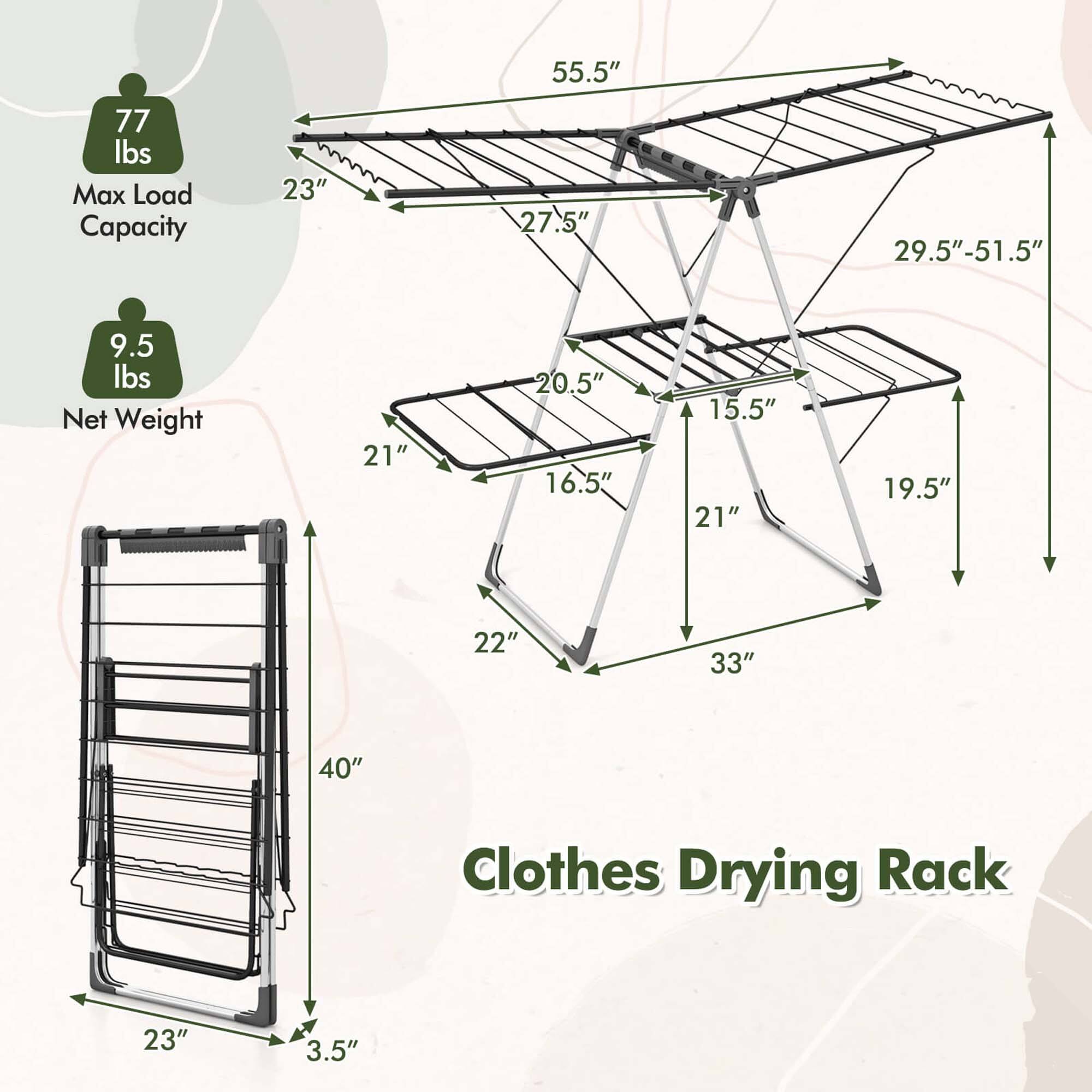 Clothes Drying Rack, 77 lbs Max Load Capacity, 9.5 lbs Net Weight, 55.5", 29.5"-51.5", 27.5", 23", 20.5", 16.5", 15.5", 21", 19.5", 22", 33", 40", 23", 3.5"