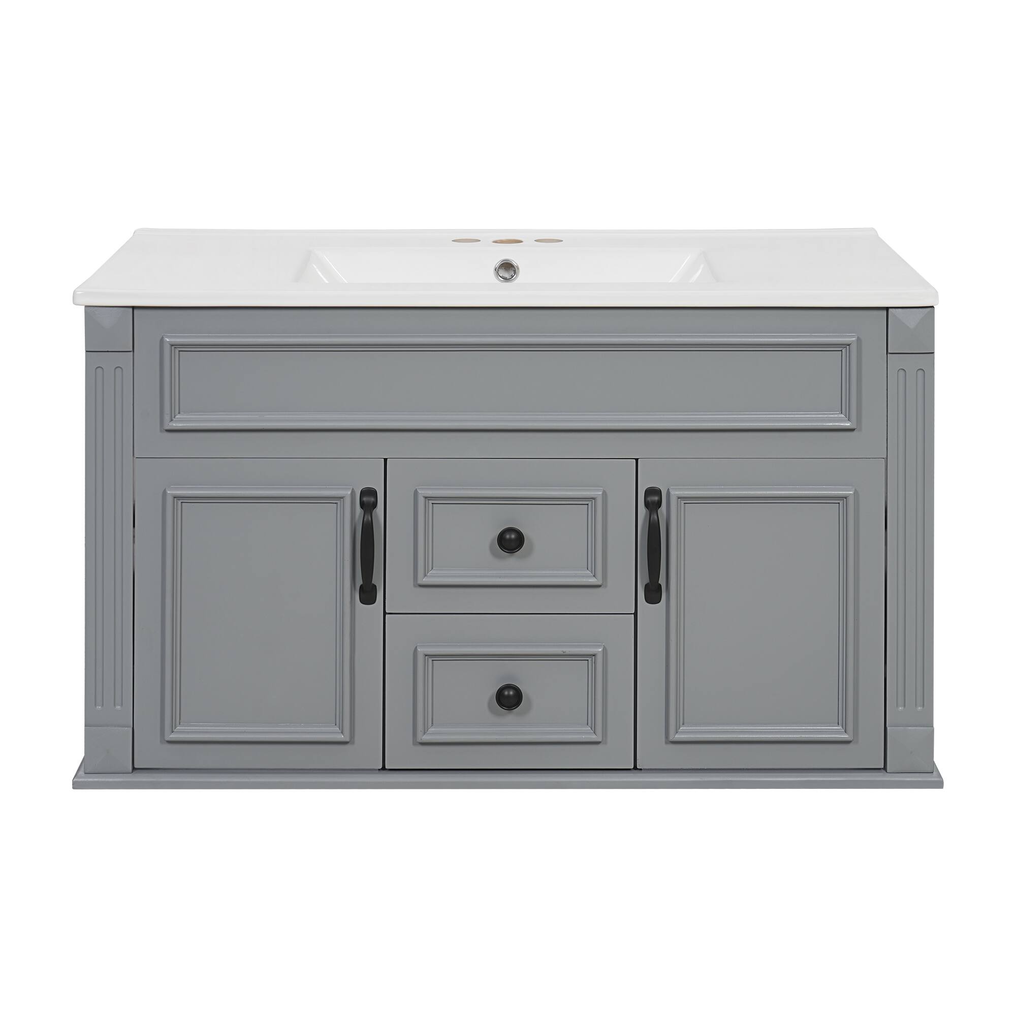 Back. Whisen - 36" Wall Mounted Bathroom Vanity Cabinet with Sink Drawers and Soft Closing Hinges Floating Storage - Gray.