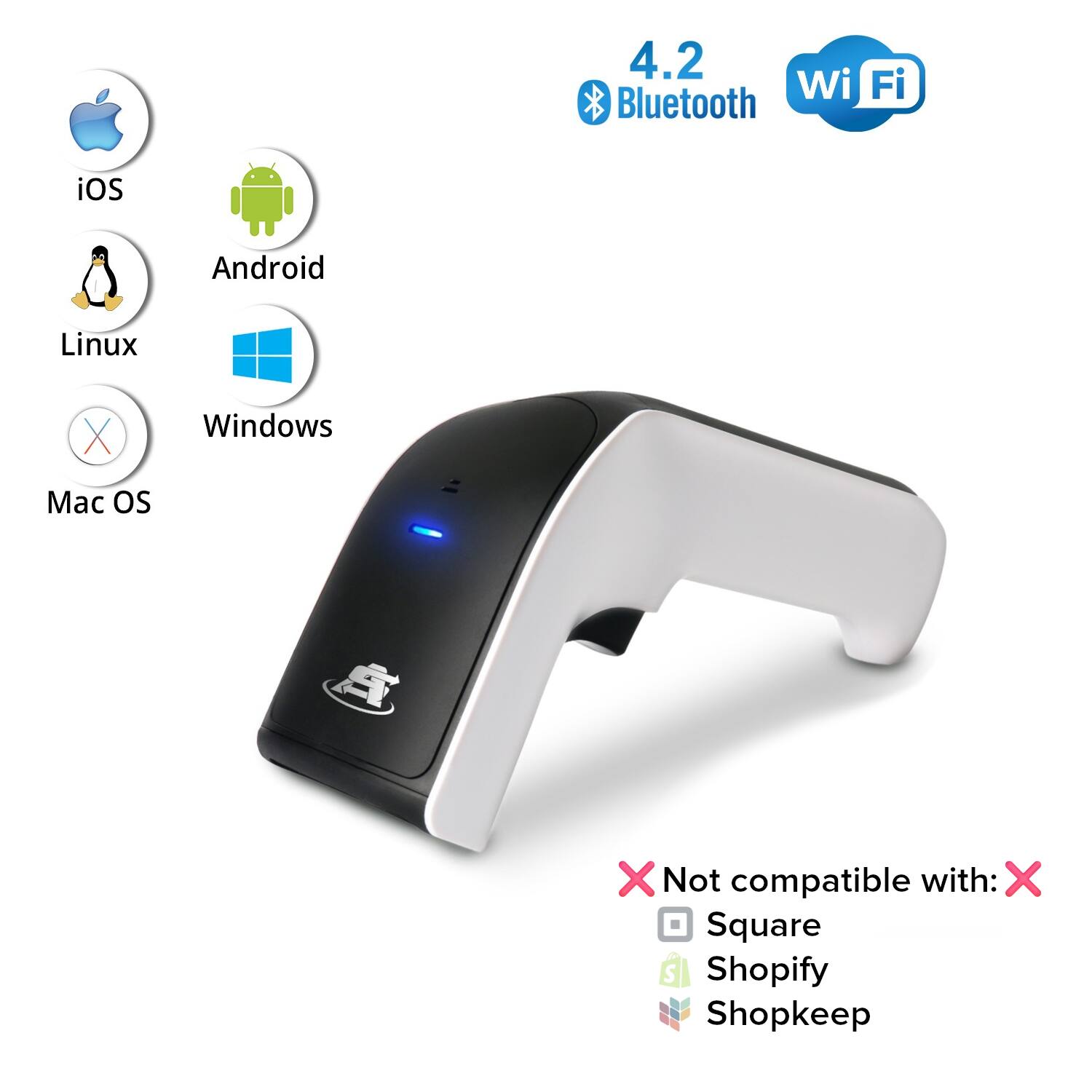 4.2 Bluetooth Wi-Fi

Compatible with:
- iOS
- Android
- Linux
- Windows

Not compatible with:
- Mac OS
- Square
- Shopify
- Shopkeep