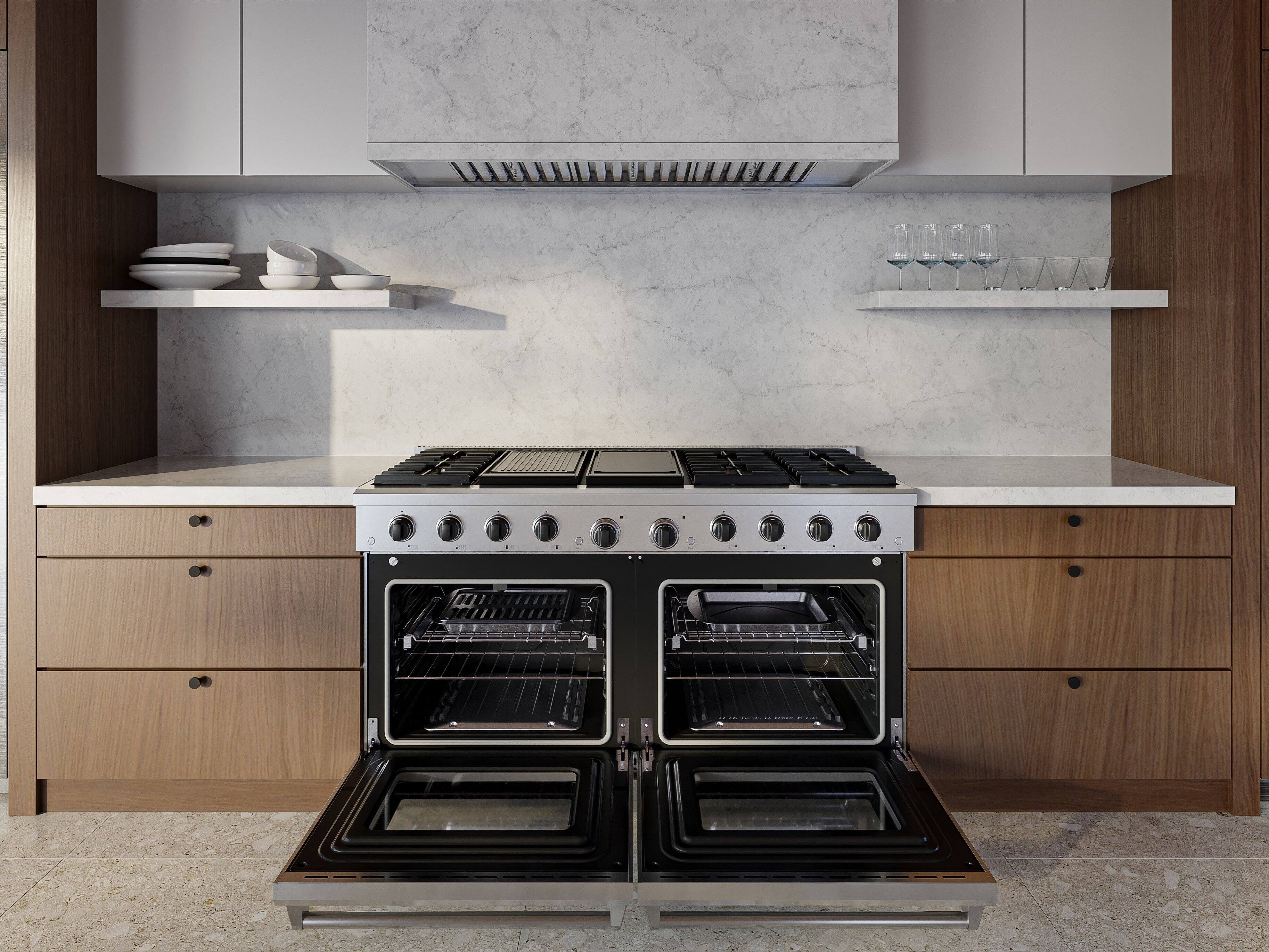 Left. Thor Kitchen - 9.6 Cu Ft. Freestanding Double Oven Convection Liquid Propane Gas Range - Stainless steel.
