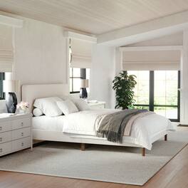 Martha Stewart - Britta Faux Linen Upholstered Queen Size Platform Bed with Piped Headboard - Beige Fabric/Walnut Legs