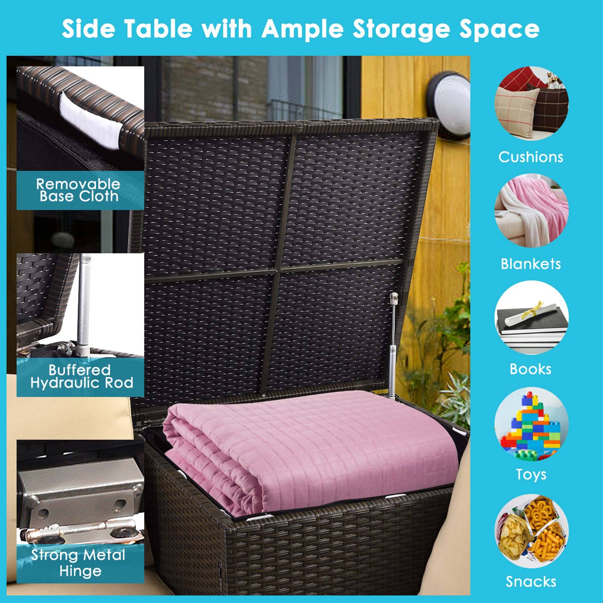 Side Table with Ample Storage Space

- Removable Base Cloth
- Buffered Hydraulic Rod
- Strong Metal Hinge

- Cushions
- Blankets
- Books
- Toys
- Snacks