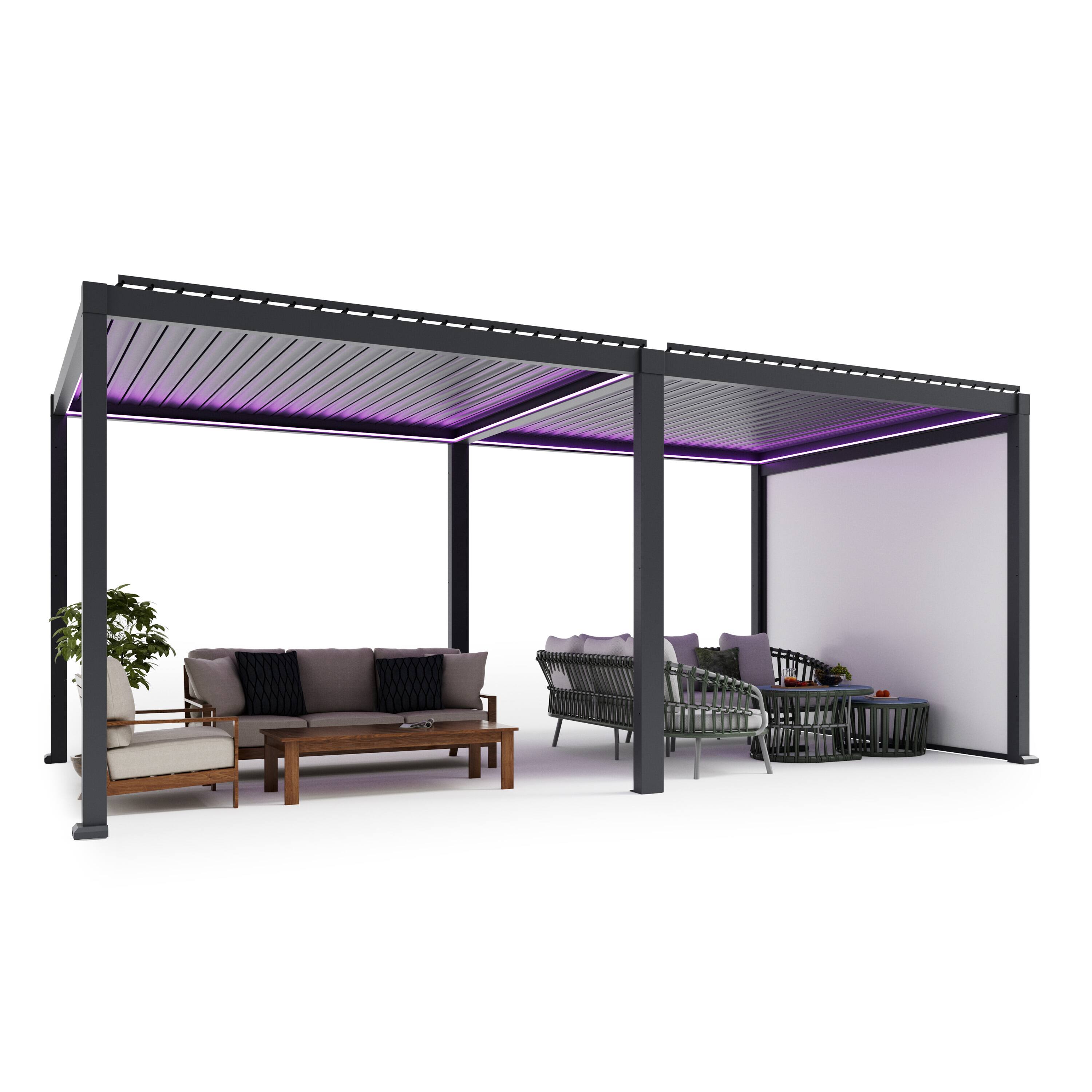 Back. Mondawe - 10x20FT Electric Aluminum Louver Pergola with LED Lights, Rain Sensor, and Outdoor Motorized Projector Screen - Gray.