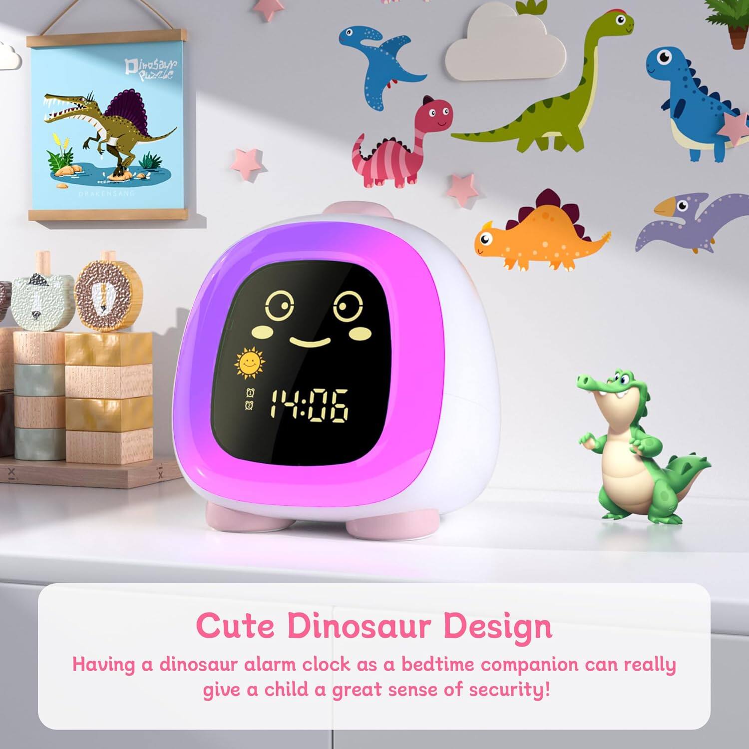 DinoSay quanie DRSCENSANS 1 4 14:06 x x Cute Dinosaur Design  
Having a dinosaur alarm clock as a bedtime companion can really give a child a great sense of security!