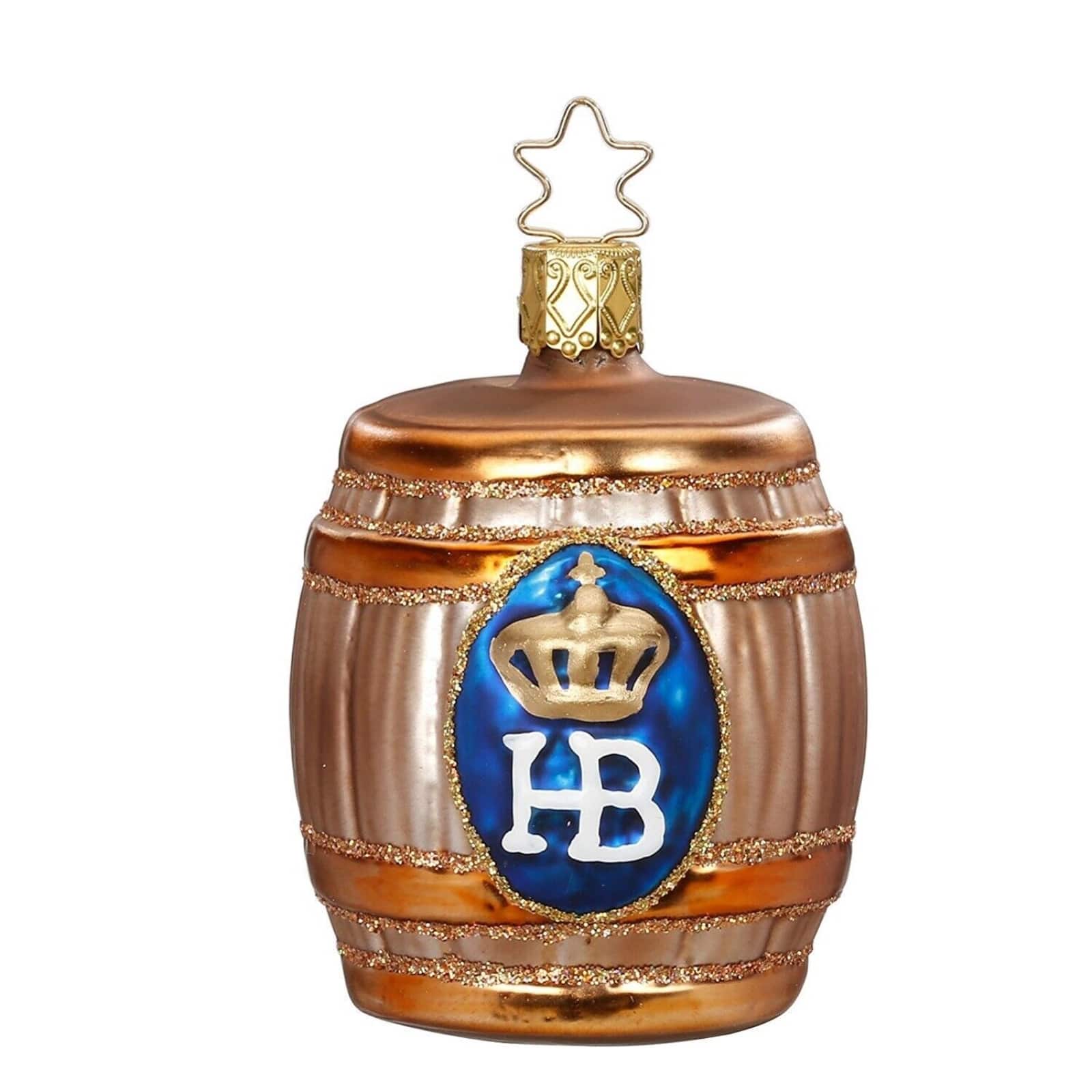 Inge Glas - HB Beer Keg Hofbrauhaus German Glass Christmas Ornament FREE BOX - Brown