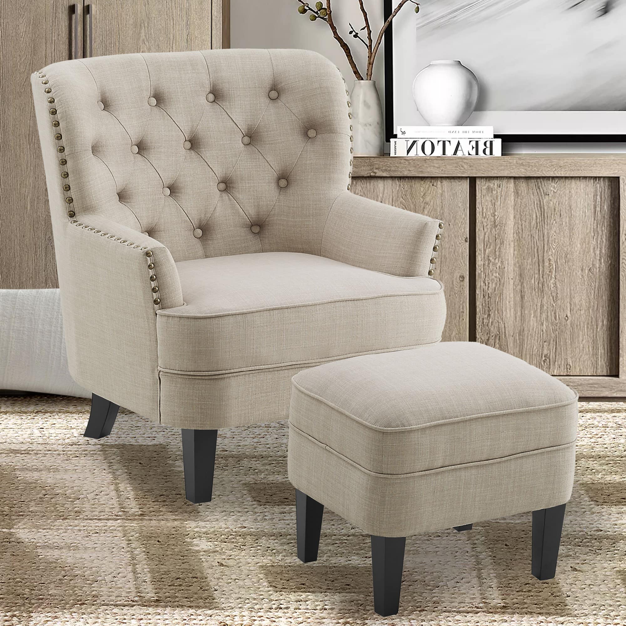 Boyel Living - Tufted Accent Chair with Ottoman and Solid Wood Legs - Beige