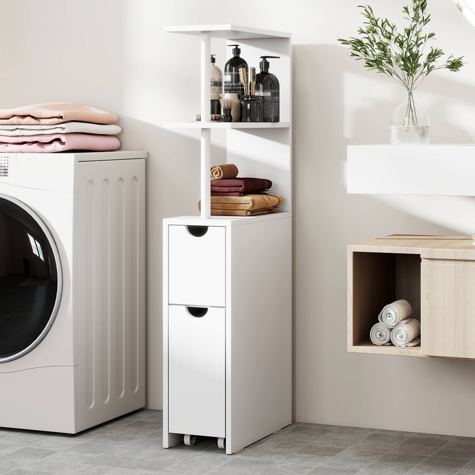 Alt View 3. Costway - Costway Slim Storage Cabinet with Open Shelves Pull-out Drawer & Slide-out Cart for Kitchen - White.
