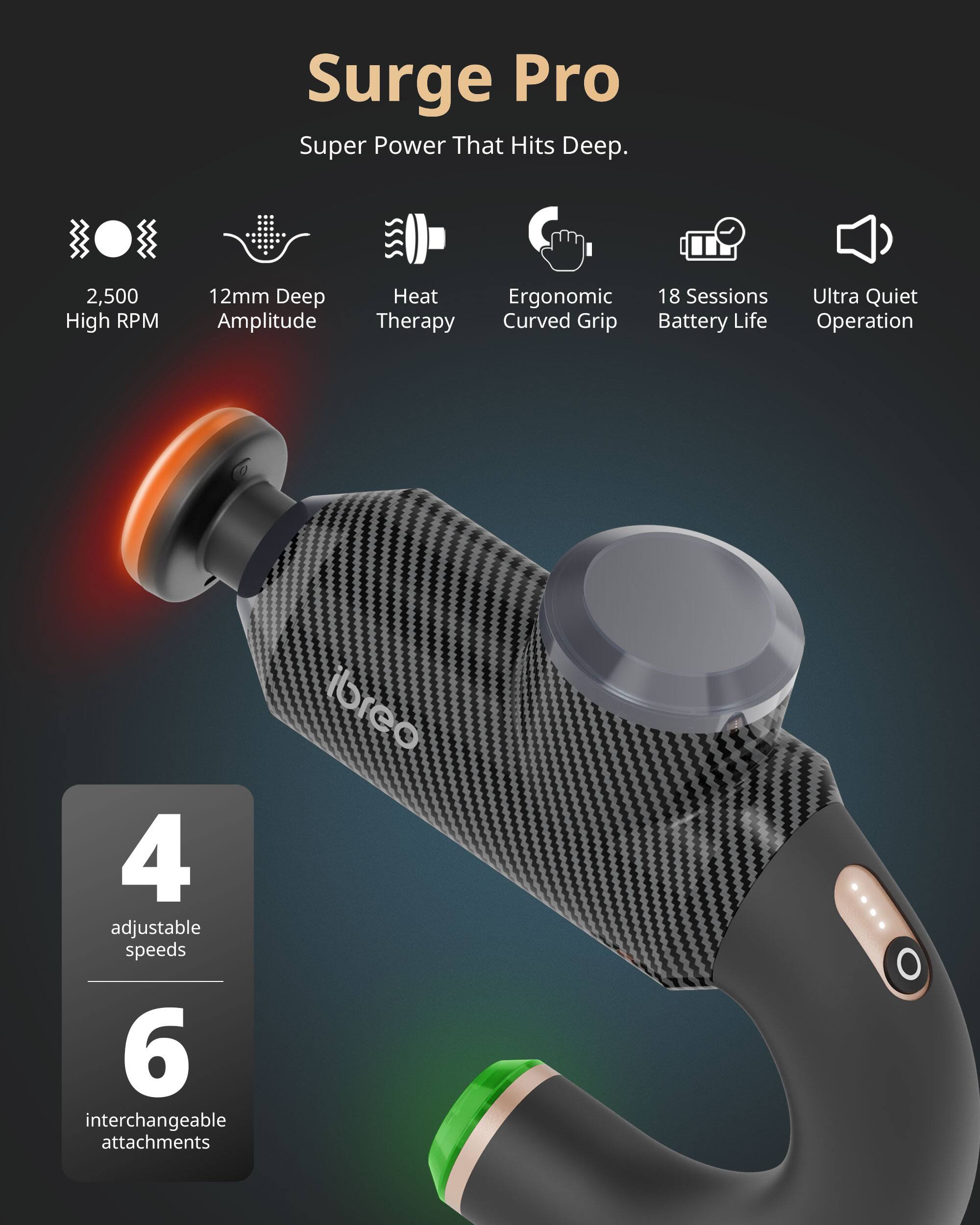 Surge Pro  
Super Power That Hits Deep.  
2,500 High RPM  
12mm Deep Amplitude  
Heat Therapy  
Ergonomic Curved Grip  
18 Sessions Battery Life  
Ultra Quiet Operation  
4 adjustable speeds  
6 interchangeable attachments  
ibre