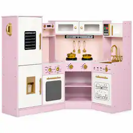 Wisairt - Wooden Kids Play Kitchen Set Corner Play Kitchen with Lights and Sounds, Pretend Cooking Set with Accessories