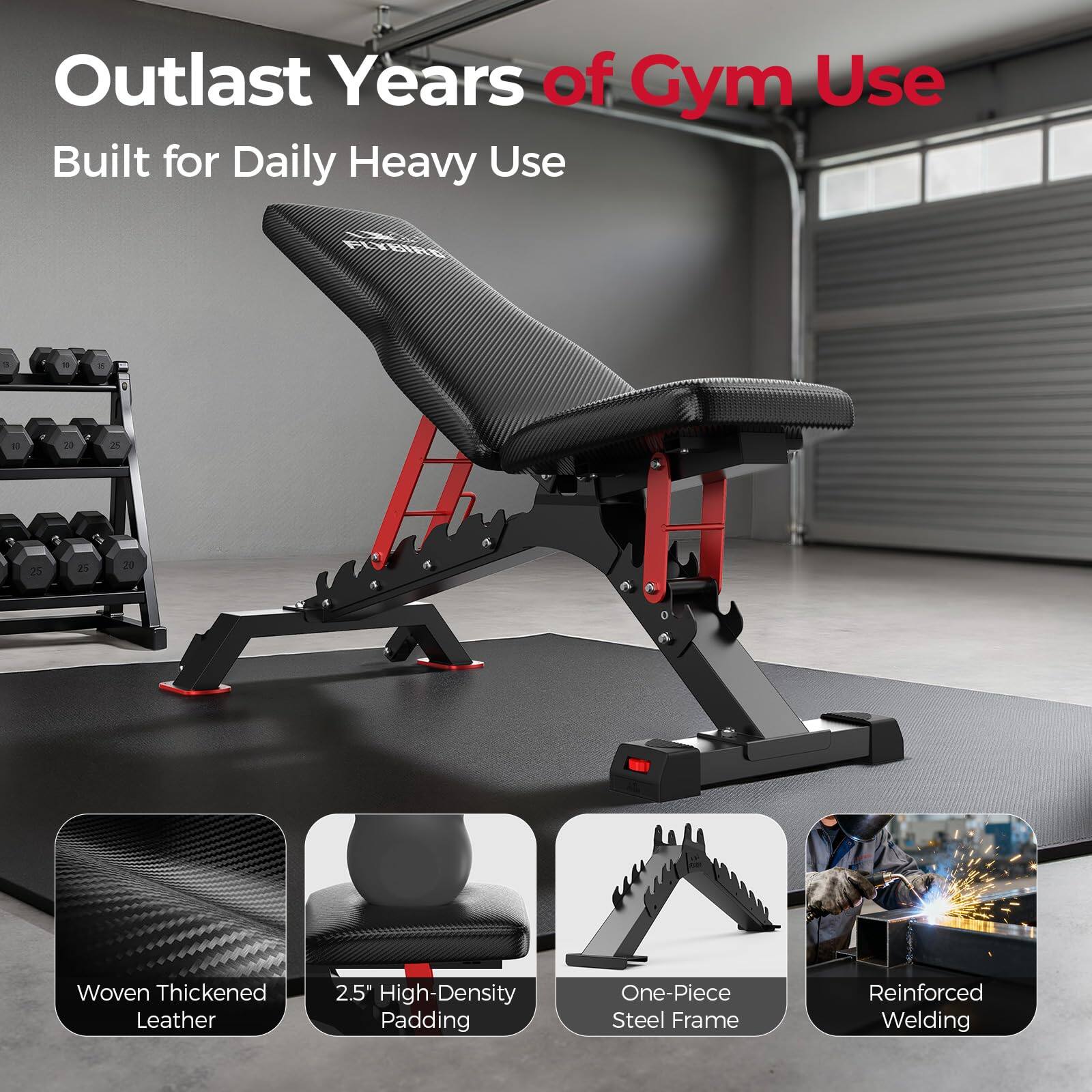 Outlast Years of Gym Use  
Built for Daily Heavy Use  

- Woven Thickened Leather  
- 2.5" High-Density Padding  
- One-Piece Steel Frame  
- Reinforced Welding