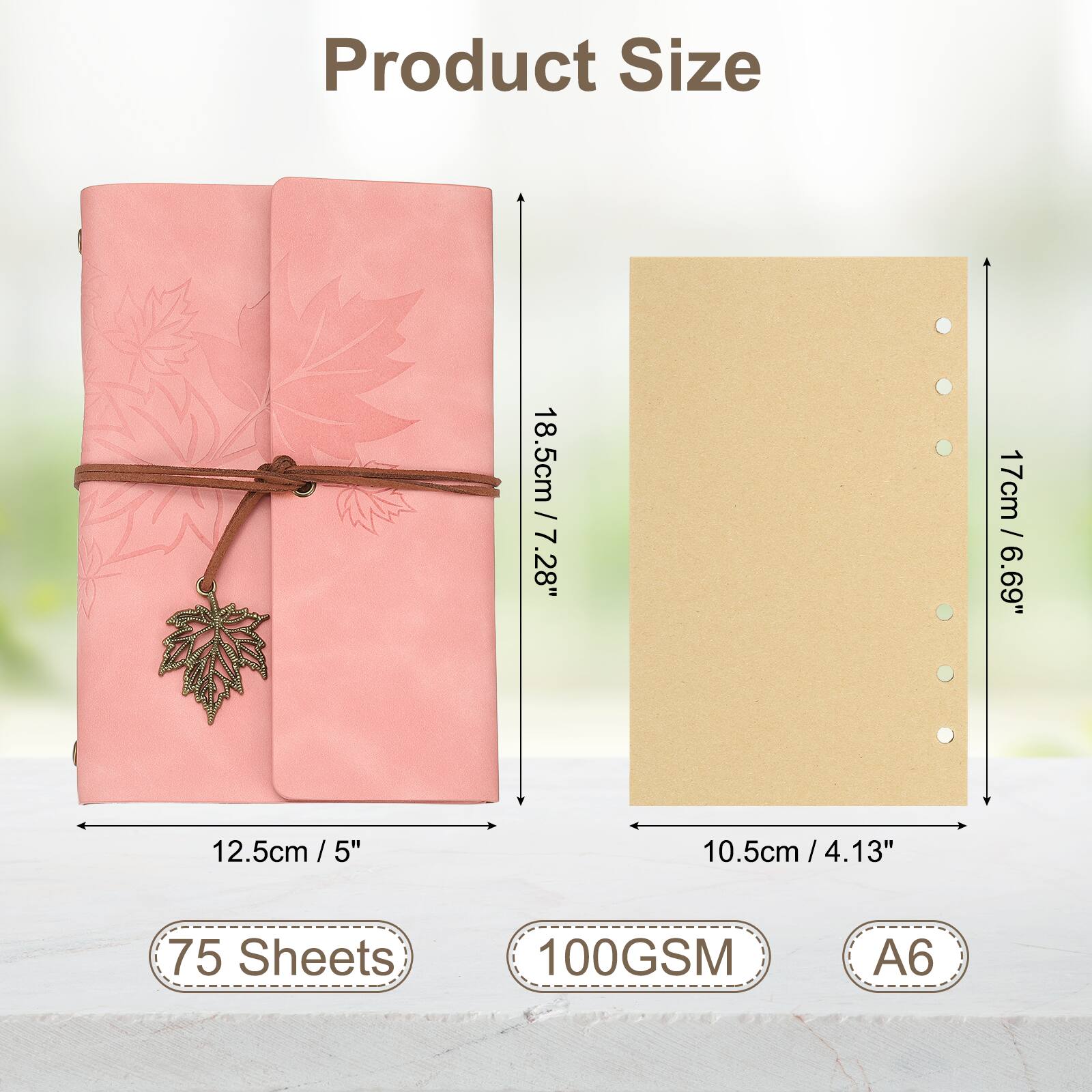 Product Size

18.5cm / 7.28"  
17cm / 6.69"  
12.5cm / 5"  
10.5cm / 4.13"  

75 Sheets  
100GSM  
A6