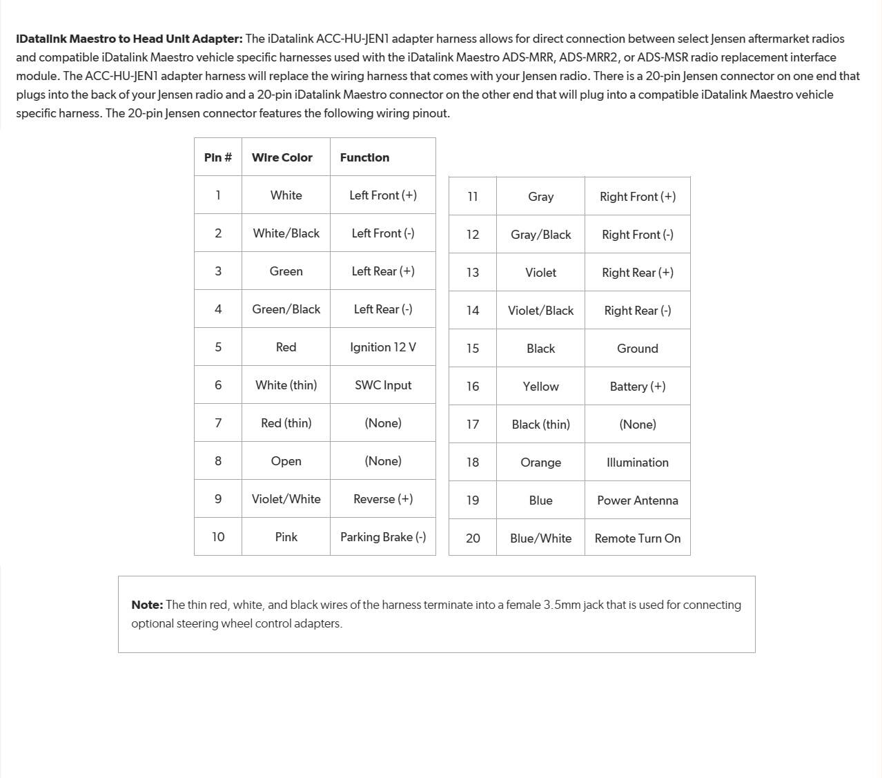 iDatalink Maestro to Head Unit Adapter: The iDatalink ACC-HU-JEN1 adapter harness allows for direct connection between select Jensen aftermarket radios and compatible iDatalink Maestro vehicle specific harnesses used with the iDatalink Maestro ADS-MRR, ADS-MRR2, or ADS-MSR radio replacement interface module. The ACC-HU-JEN1 adapter harness will replace the wiring harness that comes with your Jensen radio. There is a 20-pin Jensen connector on one end that plugs into the back of your Jensen radio and a 20-pin iDatalink Maestro connector on the other end that will plug into a compatible iDatalink Maestro vehicle specific harness. The 20-pin Jensen connector features the following wiring pinout.

| Pin # | Wire Color       | Function          |
|------|-----------------|------------------|
| 1    | White           | Left Front (+)    |
| 2    | White/Black     | Left Front (-)    |
| 3    | Green           | Left Rear (+)     |
| 4    | Green/Black     | Left Rear (-)     |
| 5    | Red             | Ignition 12 V