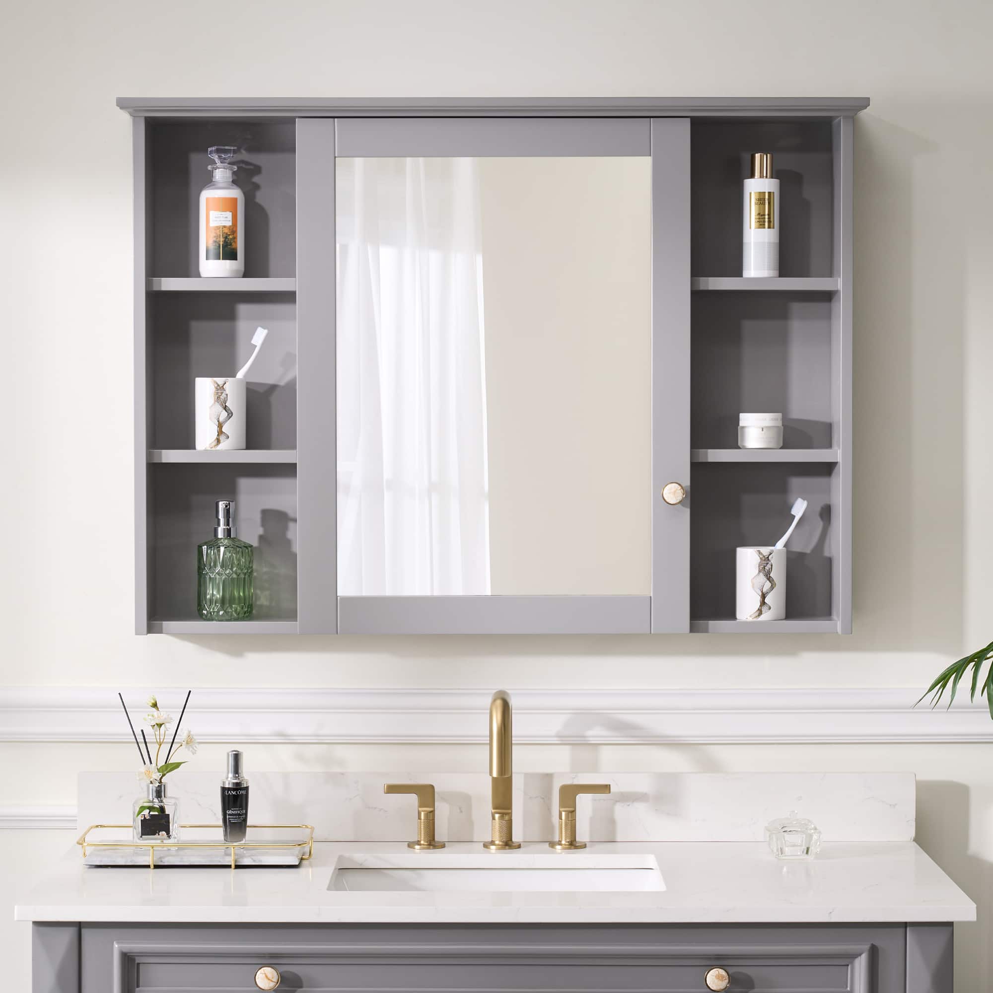 WELLFOR - 42 in. W x 30 in. H Rectangular Solid Wood Frame Surface Mount Medicine Cabinet with Mirror and Soft Close Door - Gray price history on PriceWatchPro