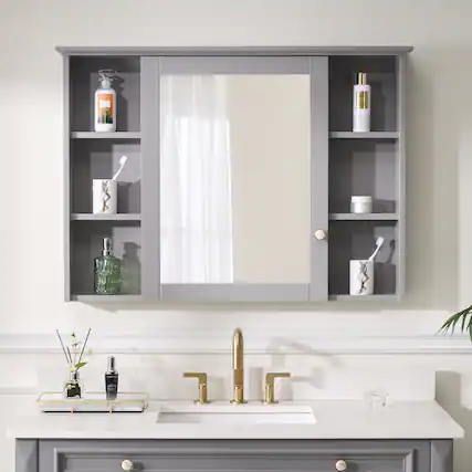 Front. WELLFOR - 42 in. W x 30 in. H Rectangular Solid Wood Frame Surface Mount Medicine Cabinet with Mirror and Soft Close Door - Gray.