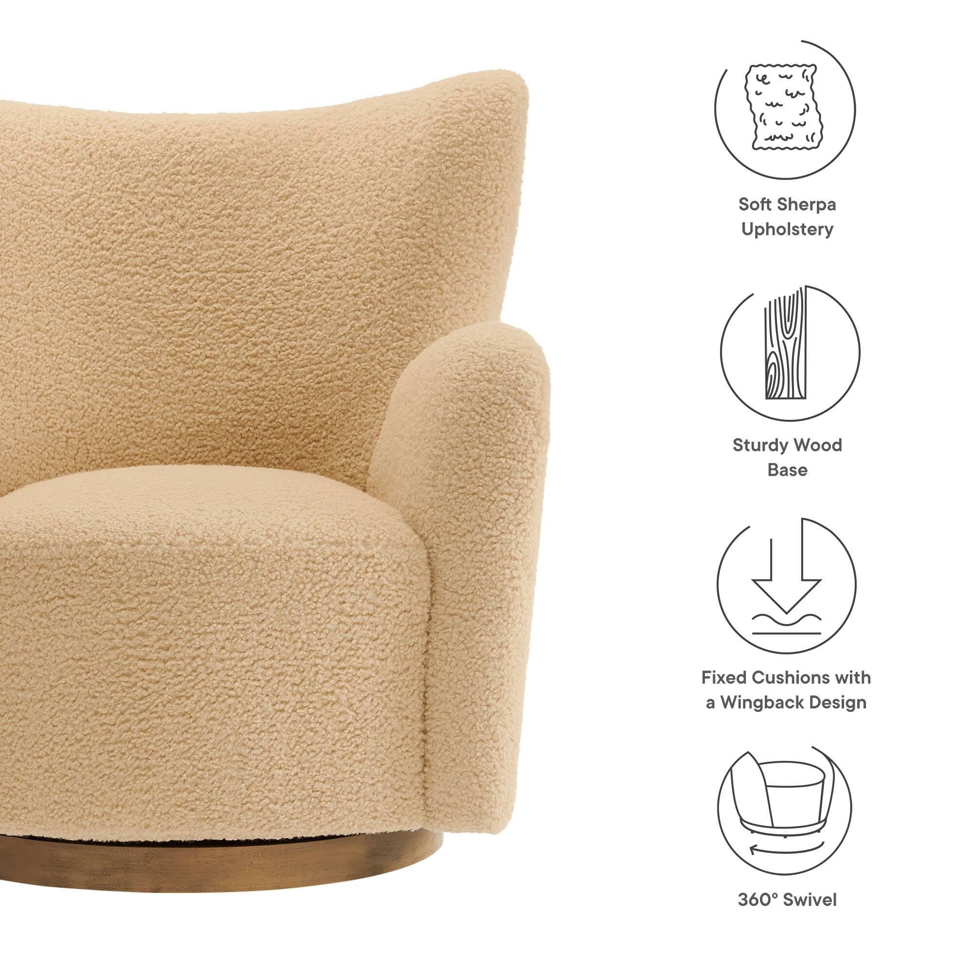 - Soft Sherpa Upholstery
- Sturdy Wood Base
- Fixed Cushions with a Wingback Design
- 360° Swivel