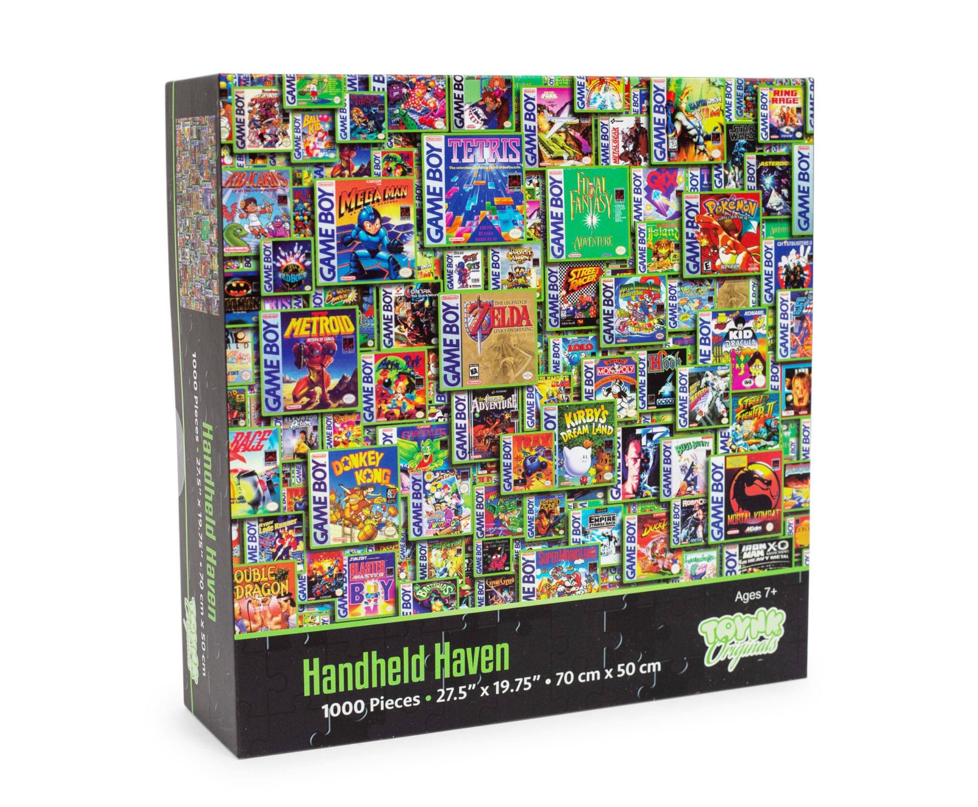 Handheld Haven  
1000 Pieces  
27.5" x 19.75"  
70 cm x 50 cm  

Ages 7+  

Game Boy  
Game Boy Advance  
Game Boy Color  
Game Boy Pocket  
Game Boy SP  
Game Boy Micro  

Games:  
- Tetris  
- Super Mario Bros.  
- The Legend of Zelda  
- Metroid  
- Donkey Kong  
- Kirby's Dream Land  
- Street Fighter II  
- Double Dragon  
- Mario Kart  
- Pokemon  
- Mario Tennis  
- Mario Golf  
- Mario Paint  
- Mario RPG  
- Mario Kart 64  
- Mario Golf 64  
- Mario Tennis 64  
- Mario Kart: Super Circuit  
- Mario Golf: Toadstool Tour  
- Mario Tennis: Power Tour  
- Mario Golf: World Tour  
- Mario Tennis: Ultra Smash  
- Mario Kart 8  
- Mario Kart 8 Deluxe  
- Mario Golf: Super Rush  
- Mario Tennis: Aces  
- Mario Kart 8 Deluxe  
- Mario Golf: Super Rush  
- Mario Tennis: Aces  
- Mario Kart 8 Deluxe  
- Mario Golf: Super Rush  
- Mario Tennis: Aces  
