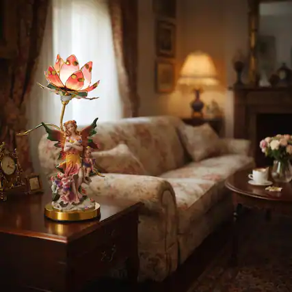 Front. FC Design - 15"H Multicolor Fairy Figurine with Floral Accent Touch Lamp.