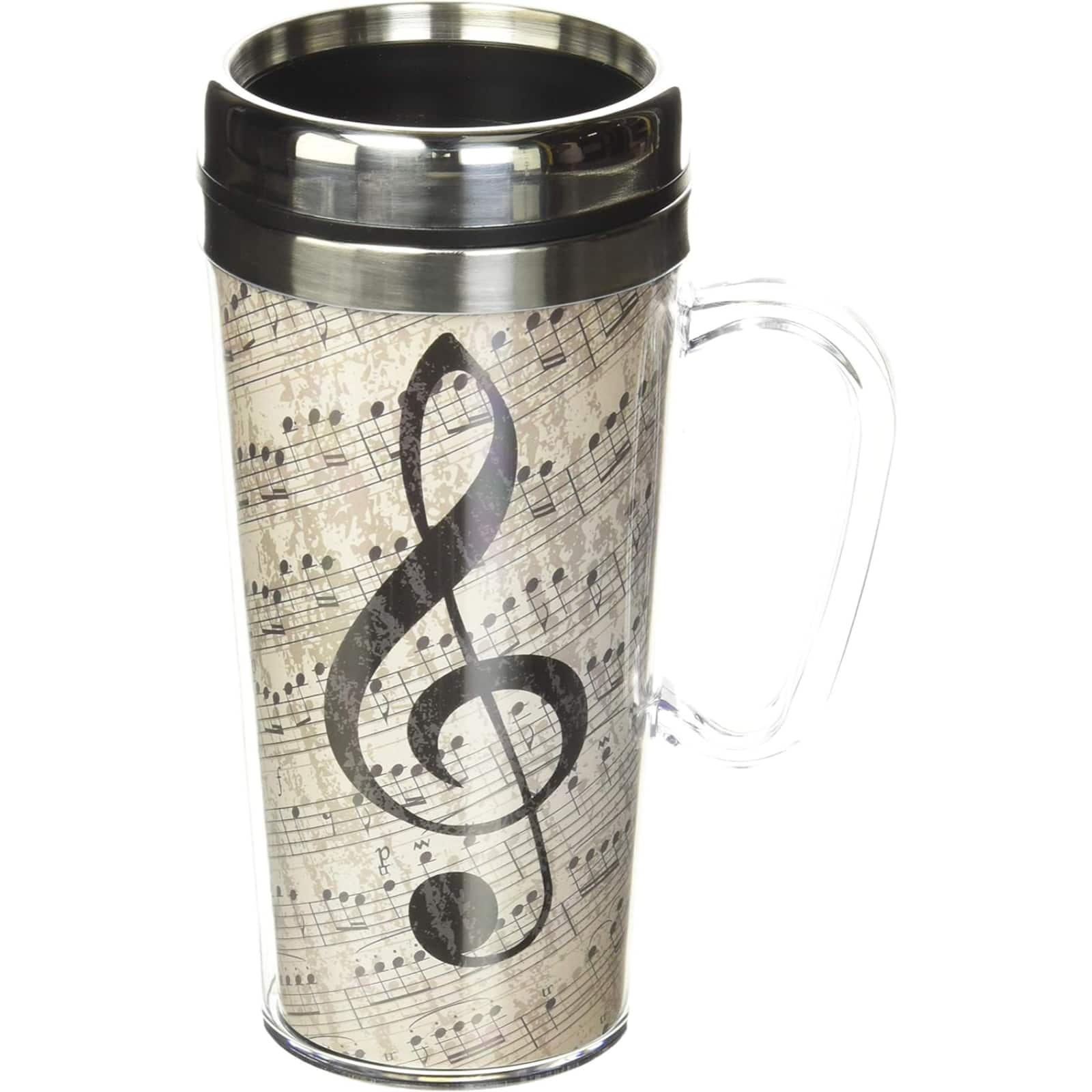 Spoontiques - Music Notes Double Walled Stainless and Acrylic Insulated Travel Mug 14 ounce - Beige