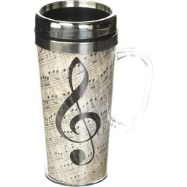 Spoontiques - Music Notes Double Walled Stainless and Acrylic Insulated Travel Mug 14 ounce - Beige