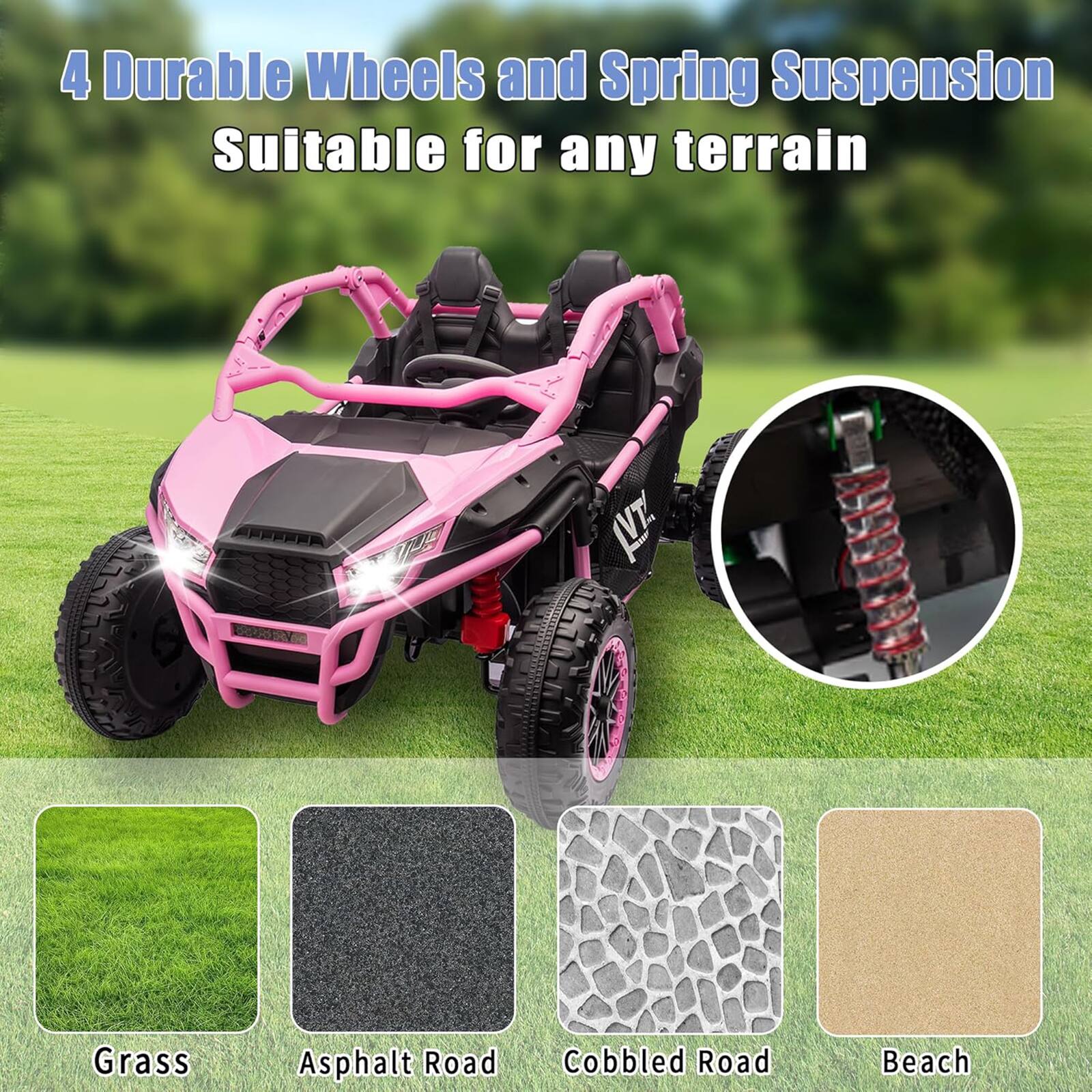 4 Durable Wheels and Spring Suspension  
Suitable for any terrain  

Grass  
Asphalt Road  
Cobbled Road  
Beach
