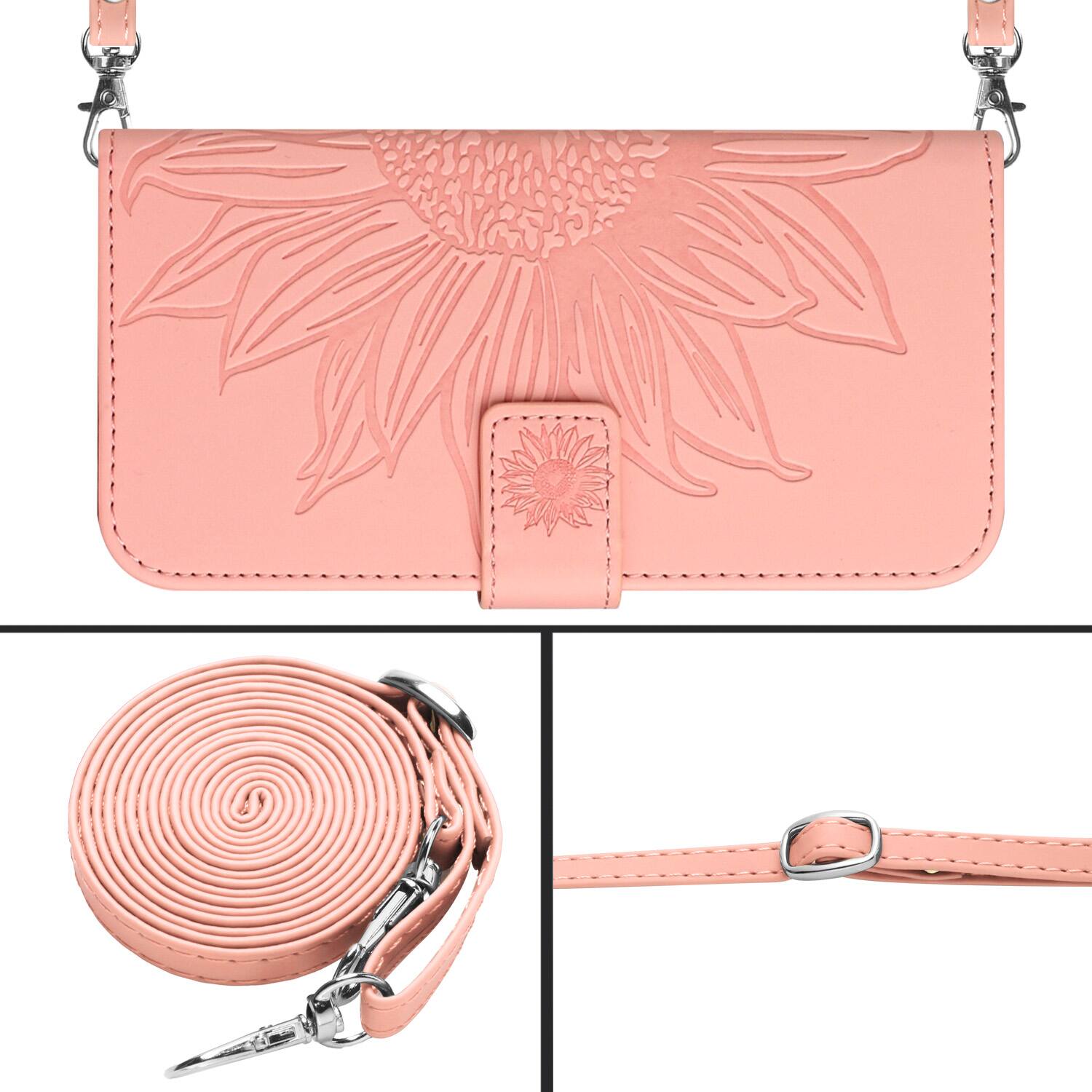 Alt View 3. Dteck - Sunflower Leather Wallet Case for Google Pixel 10a,Crossbody Strap Card Holder Stand Flip Cover,Shockproof Folio Case - Pink.