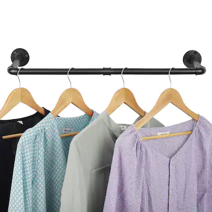 Front. Oumilen - Industrial L-Shaped Black Pipe Clothes Hanger, Wall Mount Metal Garment Rack for Entryway & Bedroom - Black.