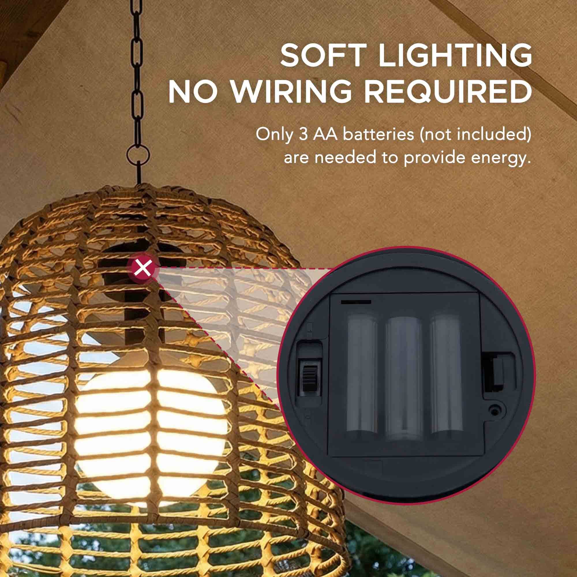 SOFT LIGHTING  
NO WIRING REQUIRED  

Only 3 AA batteries (not included) are needed to provide energy.
