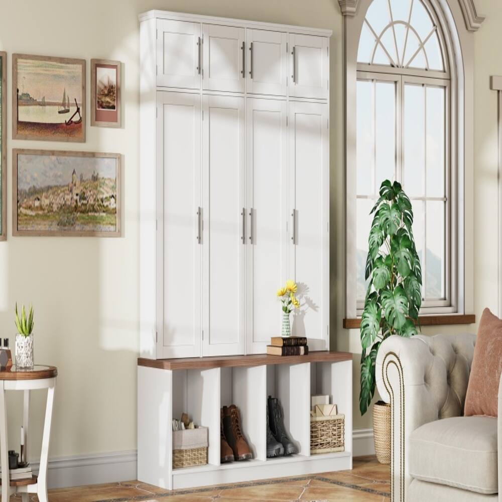 Alt View 10. Loheer - Loheer Farmhouse Hall Tree with Bench, White Entryway Shoe Cabinet, Tall Organizer - White.