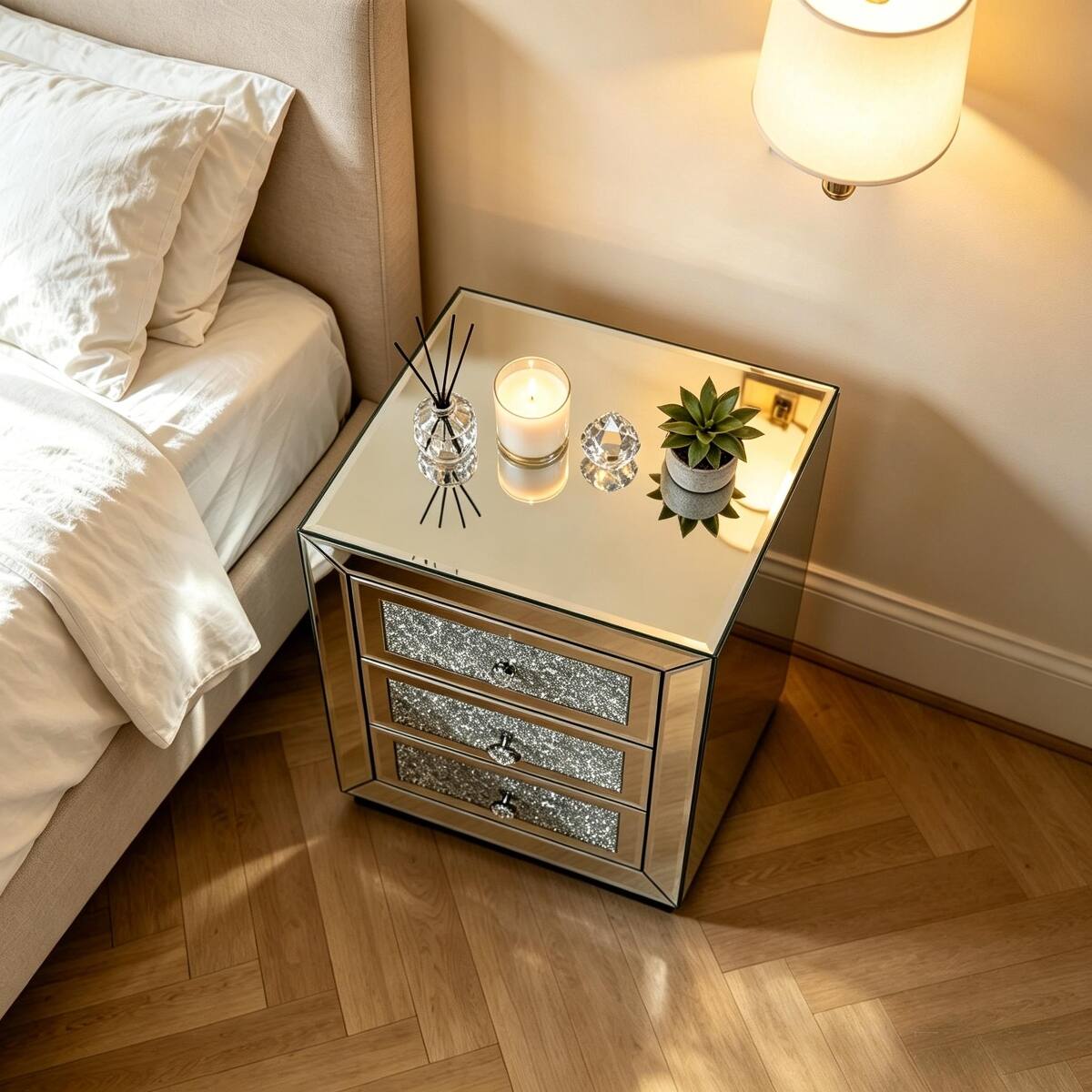Alt View 8. Loheer - Loheer 3 Drawer Mirrored Nightstand, Silver Bedroom Side Table with Crystal Handles - Silver.