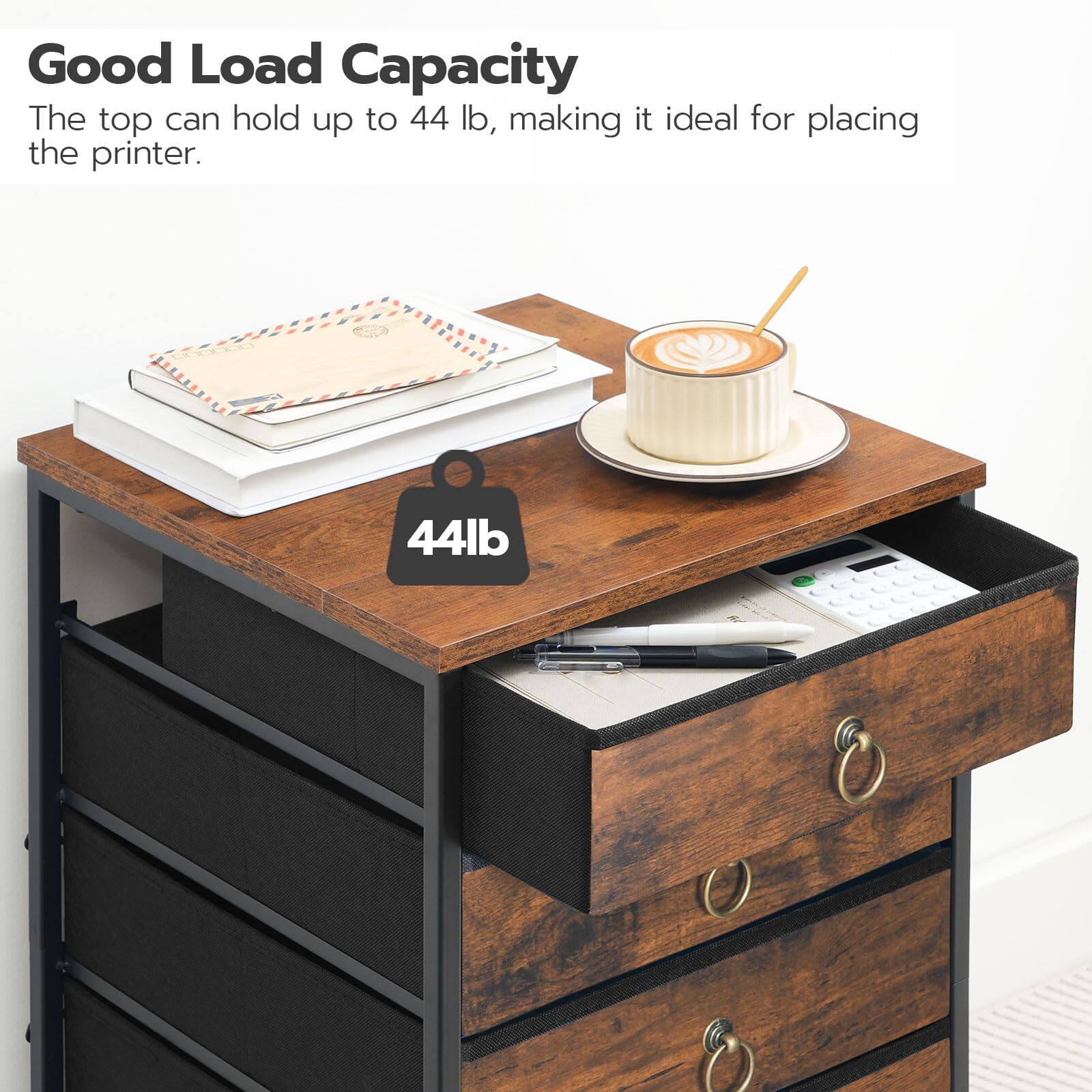 Good Load Capacity  
The top can hold up to 44 lb, making it ideal for placing the printer.  
44lb