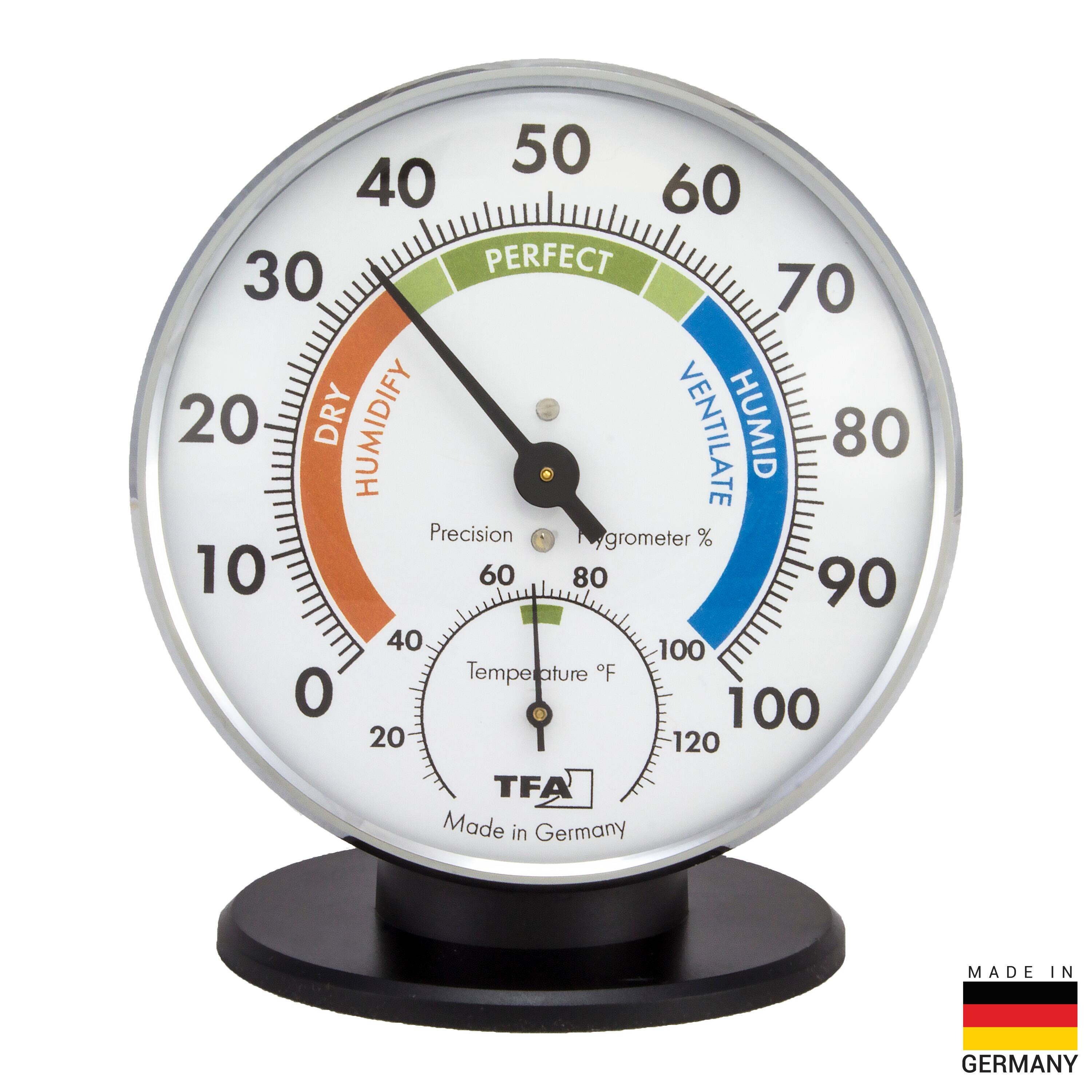 50 40 60 30 PERFECT 70 20 DRY HUMIDIFY VENTILATE HUMID 80 Precision Hygrometer % % 10 60 80 90 40 100 Temperature °F 0 100 20 120 TFA Made in Germany MADE IN GERMANY