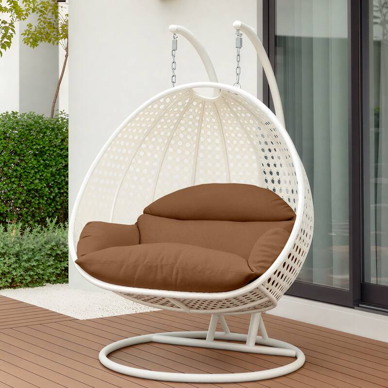 Angle. LeisureMod - Leisuremod Modern 2-Person Outdoor Egg Swing White Wicker Chair with Stand, Plush Washable Cushions & Waterproof Cover - Brown.