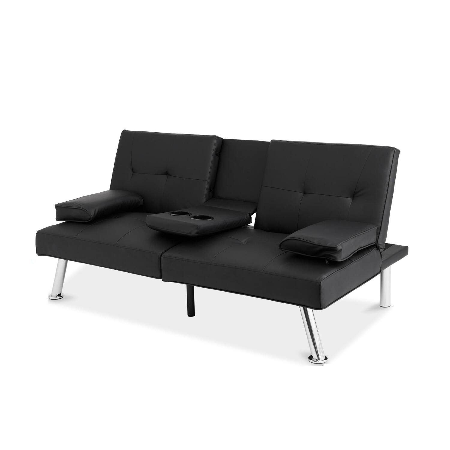 Angle. Hivvago - Black Faux Leather Convertible Sofa Futon with 2 Cup Holders - Black.