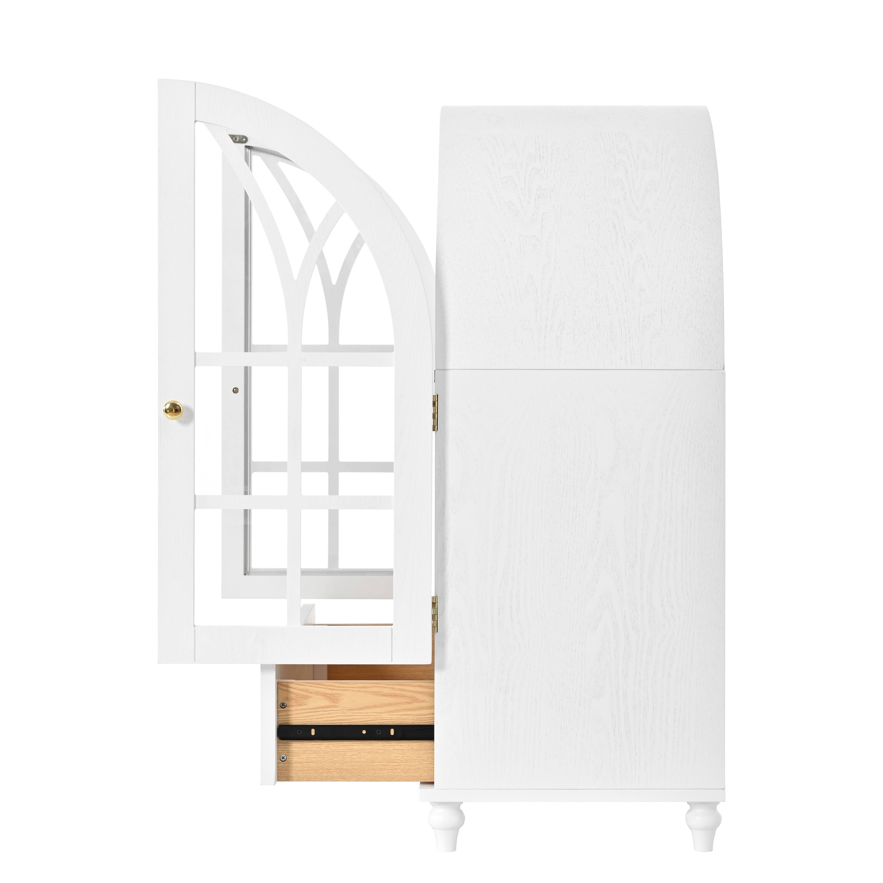 Alt View 5. Loheer - Loheer Arched Display Cabinet with Glass Doors, Wood Storage Accent Cabinet with Drawers for Living Room - Natural Wood Grain.