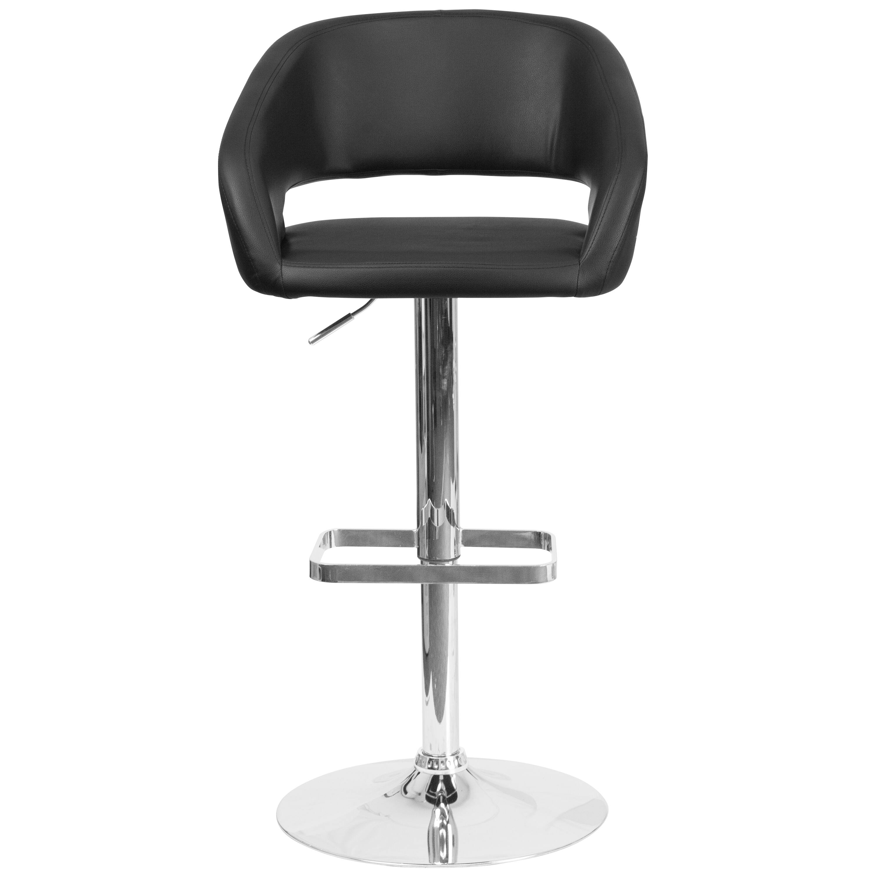 Alt View 7. Emma + Oliver - Shae Contemporary Upholstered Adjustable Height Barstool with Rounded, Cutout Mid-Back and Pedestal Base - Black Vinyl/Chrome Frame.